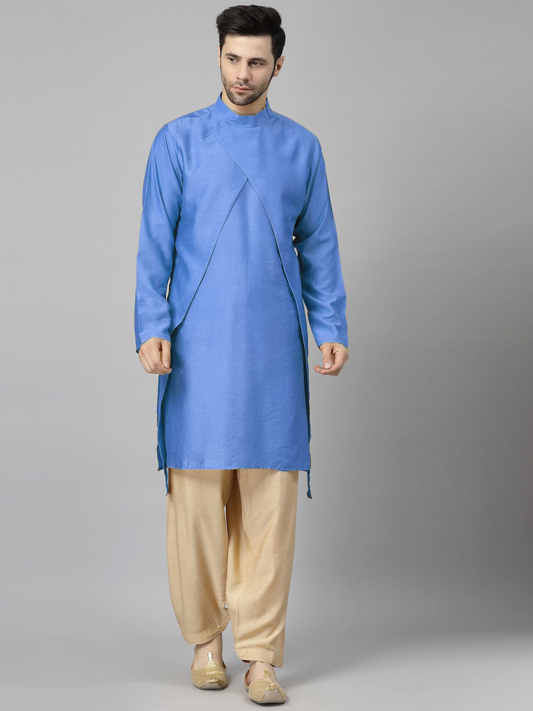 Utsav Fashion Mandarin Collar Layered Art Silk Straight Kurta with Pyjamas
