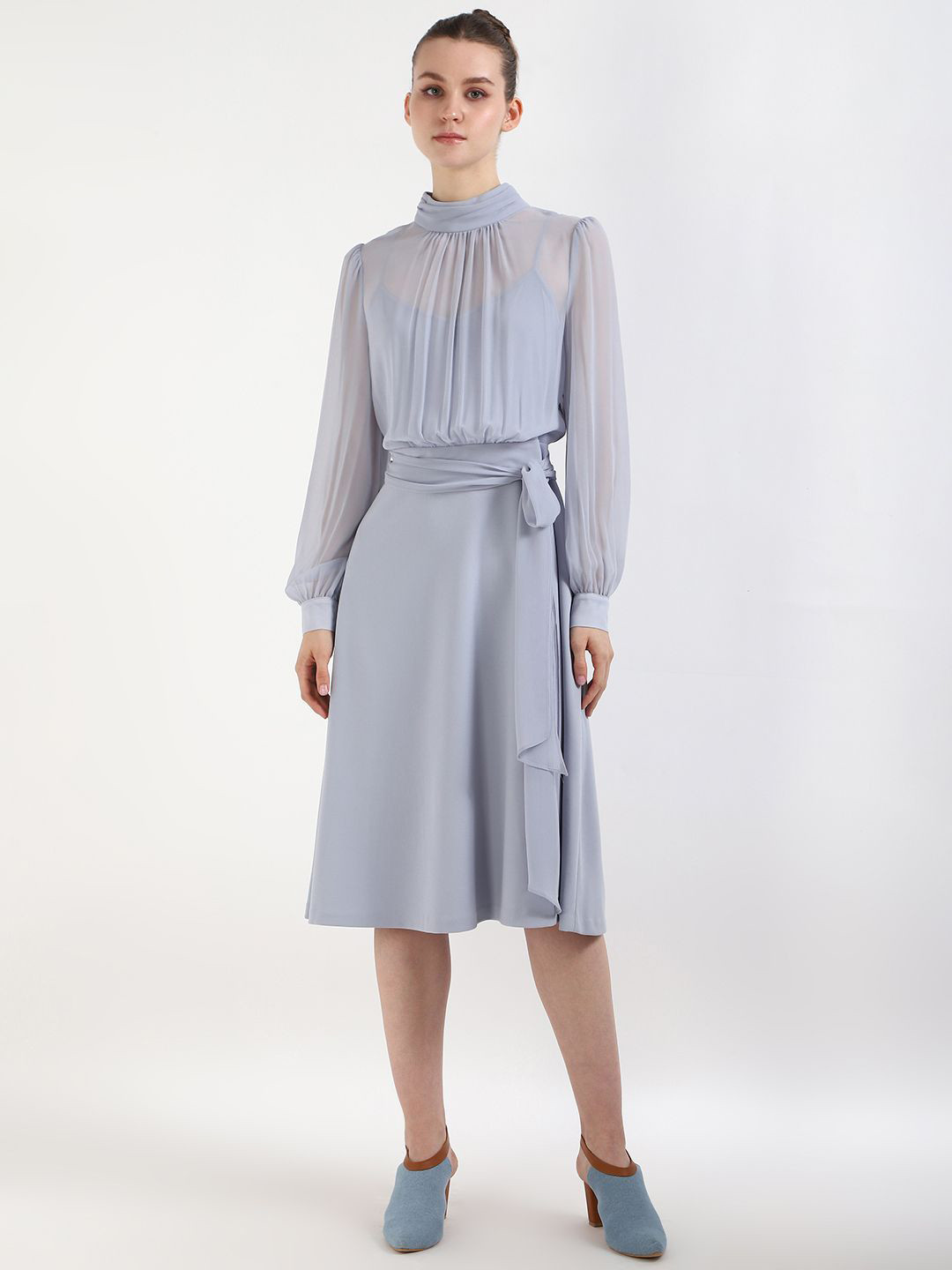 Calvin Klein Jeans Women Puff Sleeve High Neck Knee Length Fit & Flare Dress