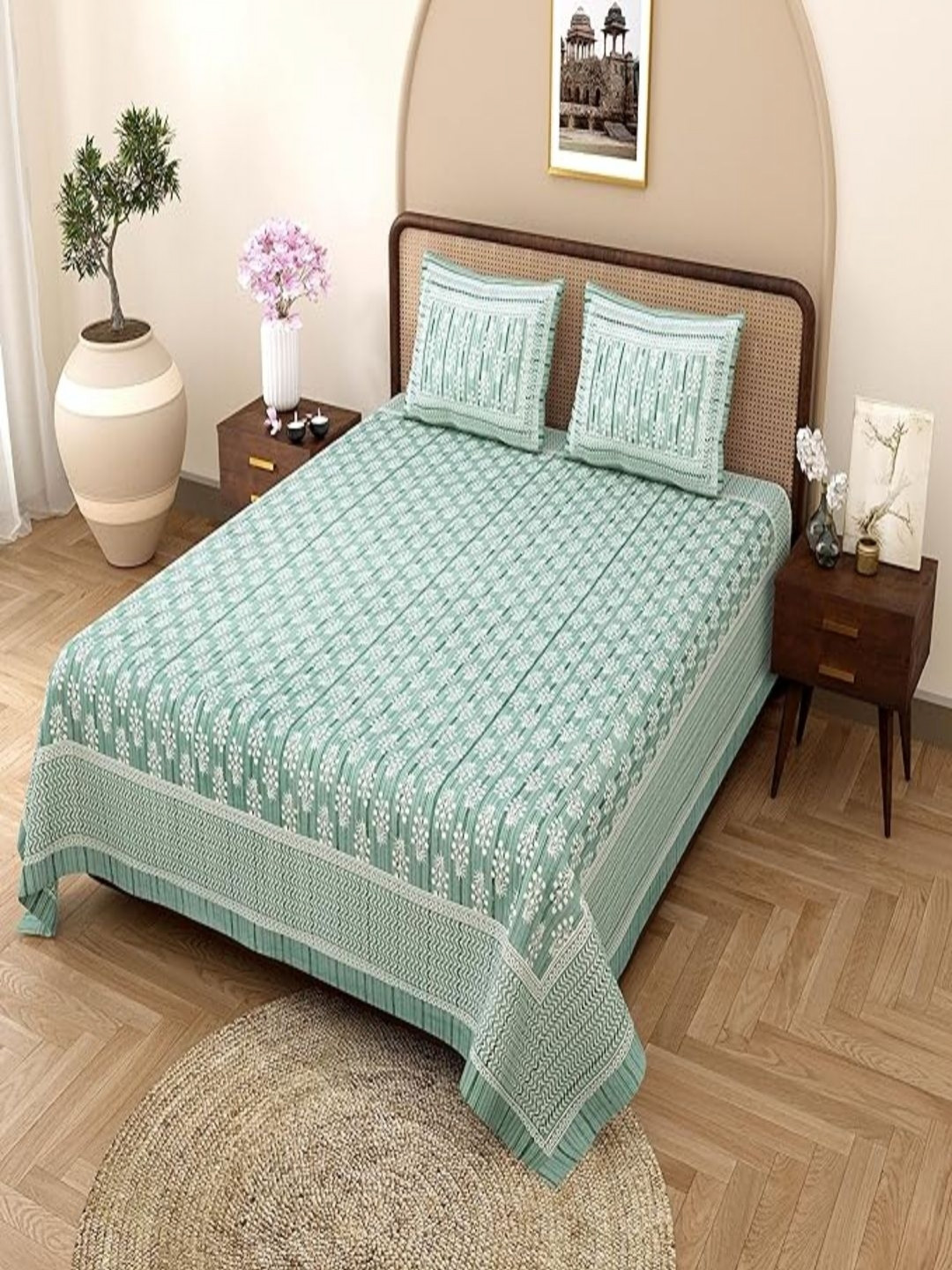 Qfab Green Ethnic Motifs Cotton 220 TC King Bedsheet with 2 Pillow Covers-87 x 110 inches