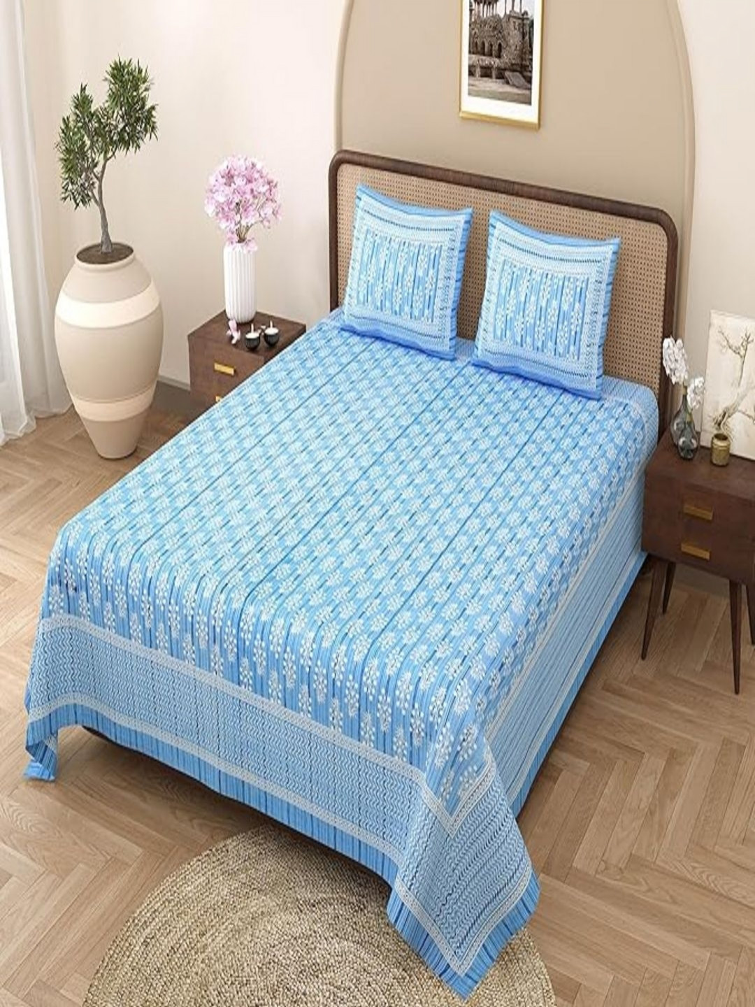 Qfab Blue Floral Cotton 220 TC King Bedsheet with 2 Pillow Covers-87 x 110 inches