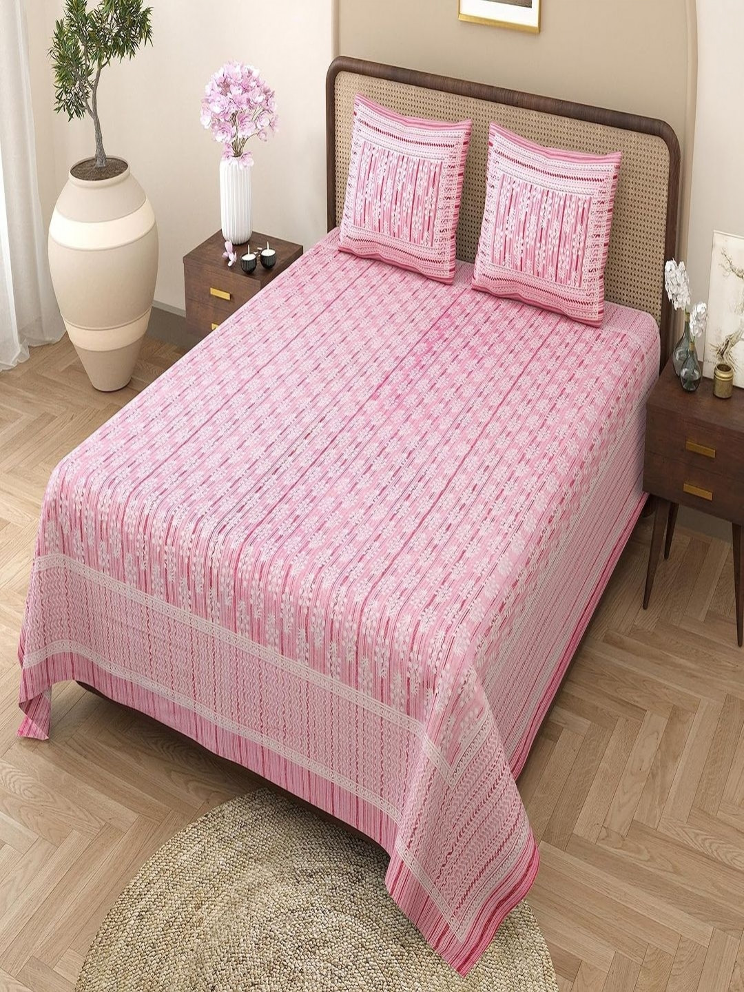 Qfab Pink Floral Cotton 220 TC King Bedsheet with 2 Pillow Covers-220 x 279 cm