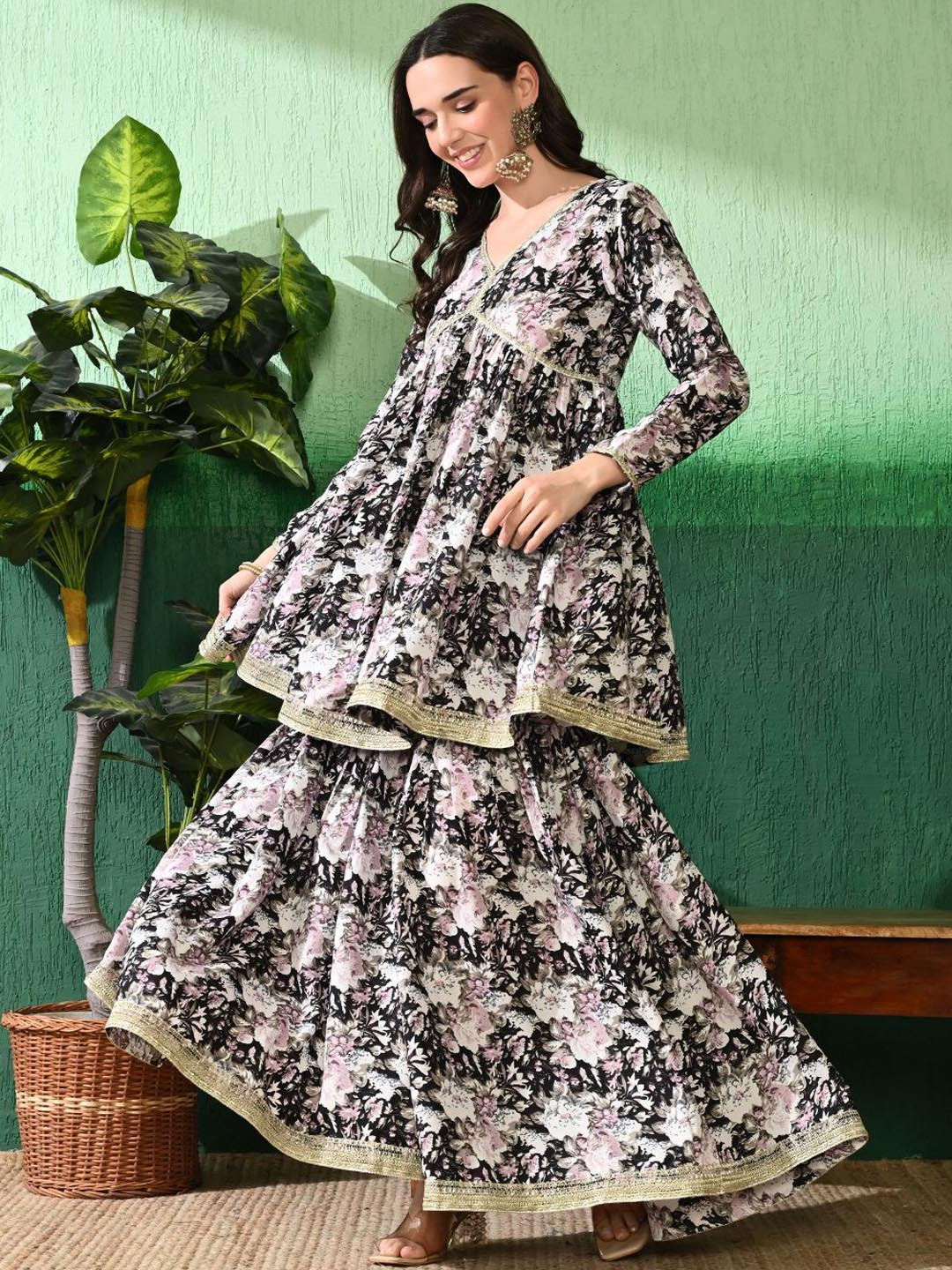 Sangria Floral Printed Empire V-Neck A-Line Kurta With Sharara