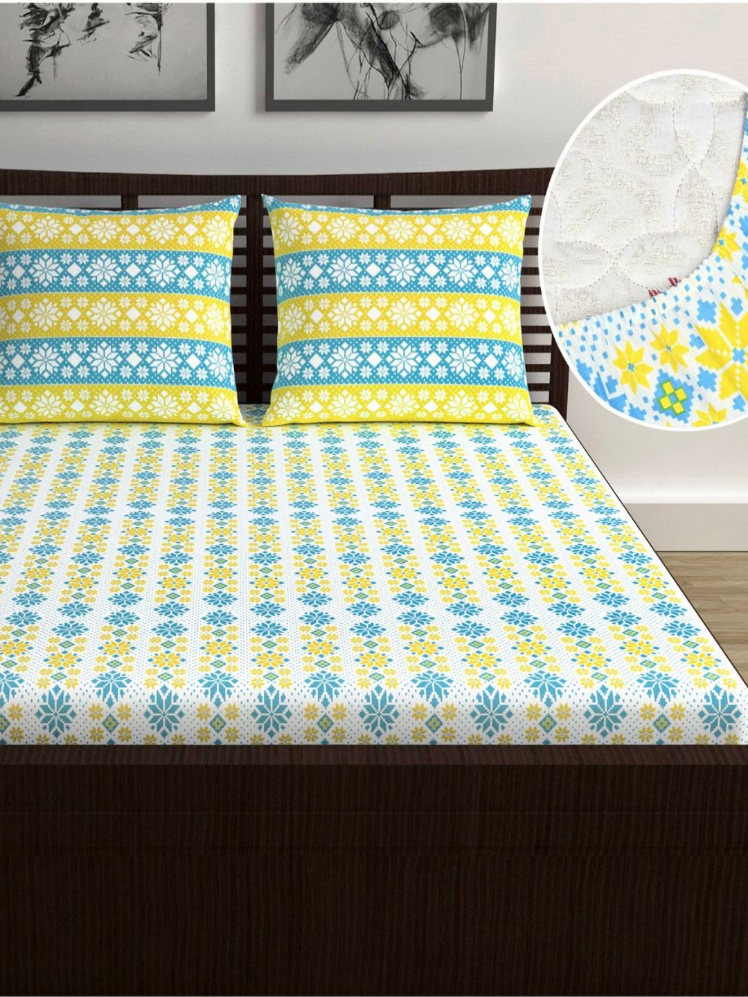 Divine Casa Fushion Yellow Floral Cotton 144 TC Fitted Queen Bedsheet with 2 Pillow Covers-200 x 150 cm