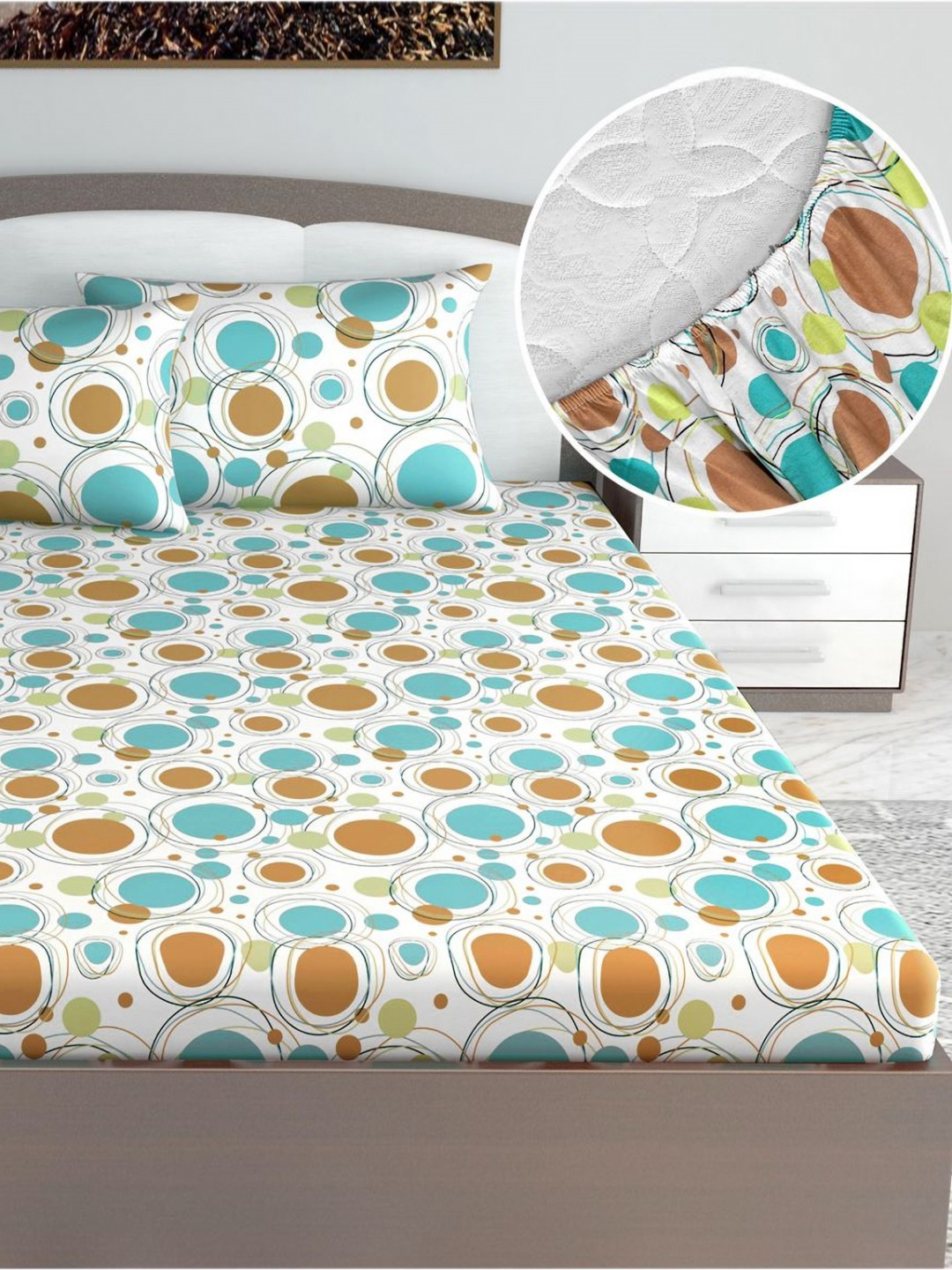 Divine Casa Emeraled Blue Geometric Cotton Breathable 144 TC Fitted King Bedsheet with 2 Pillow Covers-79 x 73 inches
