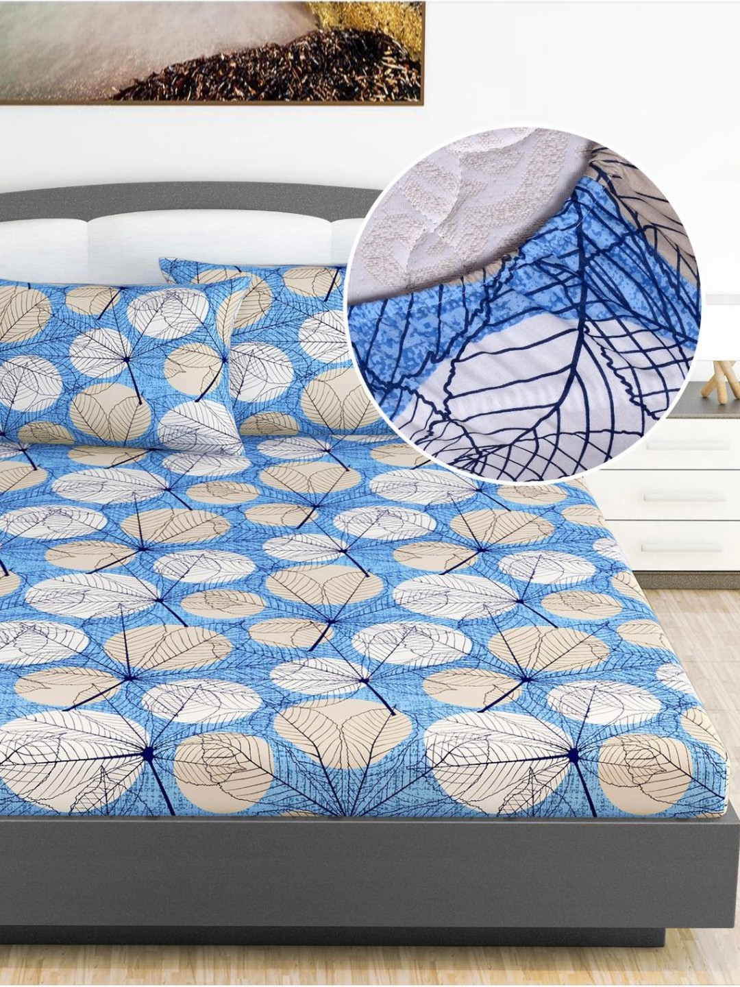 Divine Casa Classic Blue Floral Cotton 144 TC Fitted King Bedsheet with 2 Pillow Covers-79 x 73 inches