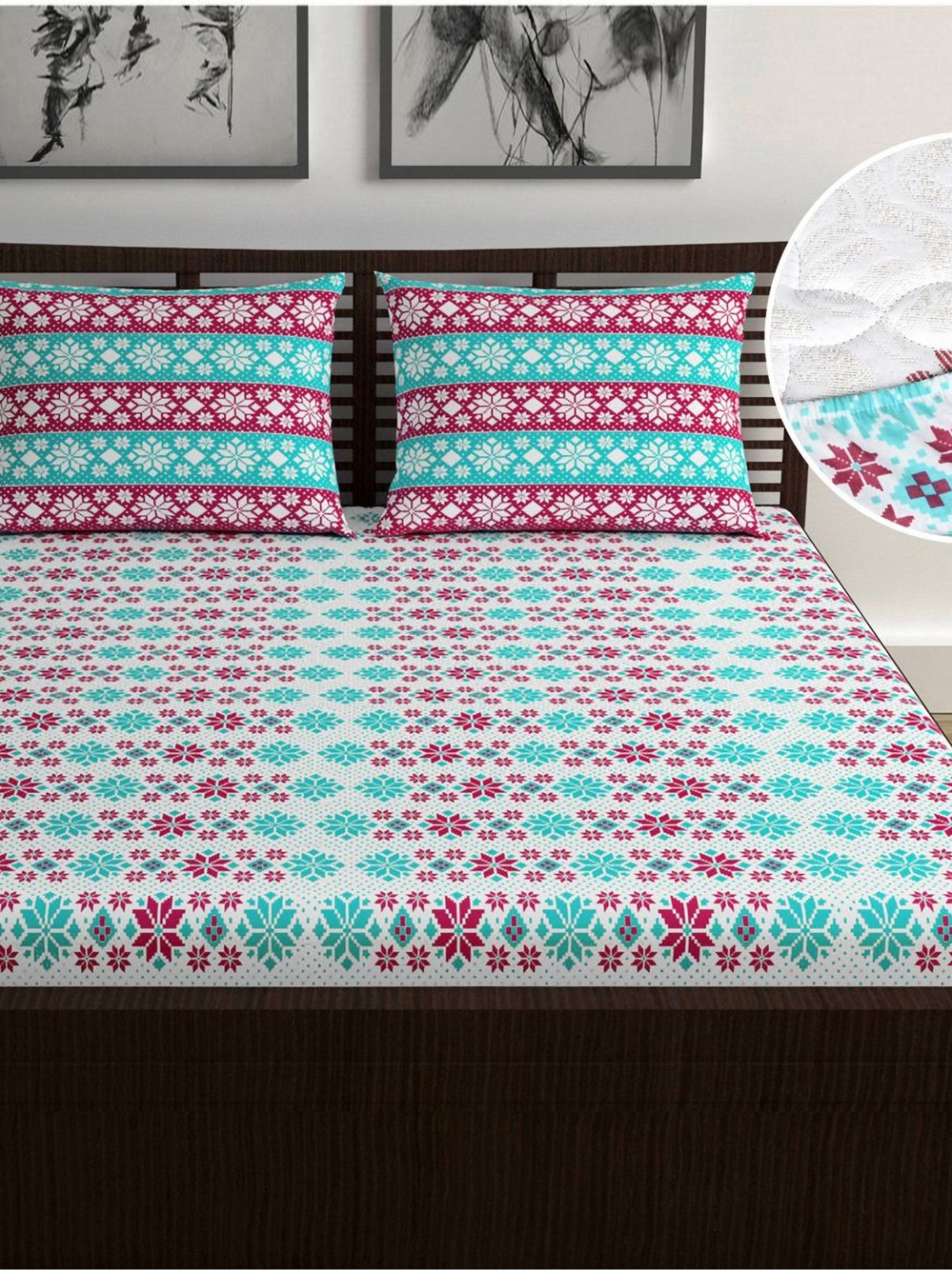 Divine Casa Fushion Rose Graphic Cotton 144 TC Fitted Double Bedsheet with 2 Pillow Covers-79 x 59 inches