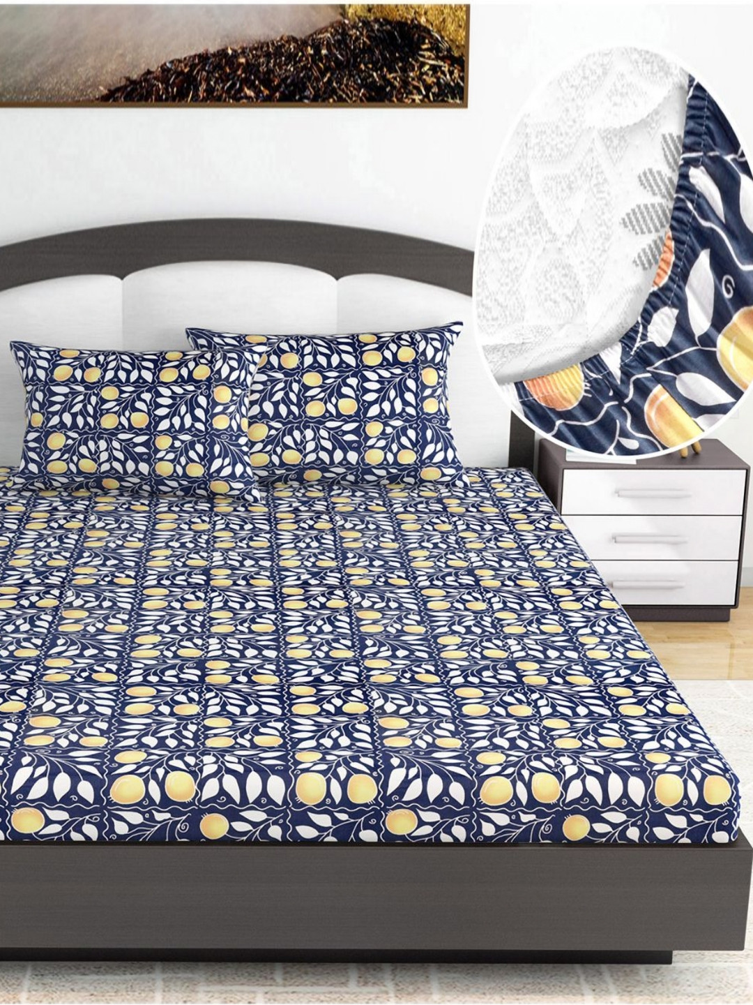 Divine Casa Modern Navy Blue Floral Cotton 144 TC Fitted King Bedsheet with 2 Pillow Covers-200 x 185 cm