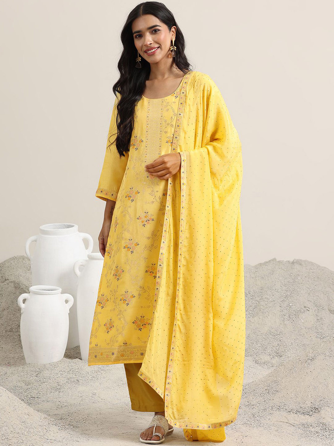 Libas Floral Printed U-Neck A-line Kurta With Trouser And Dupatta