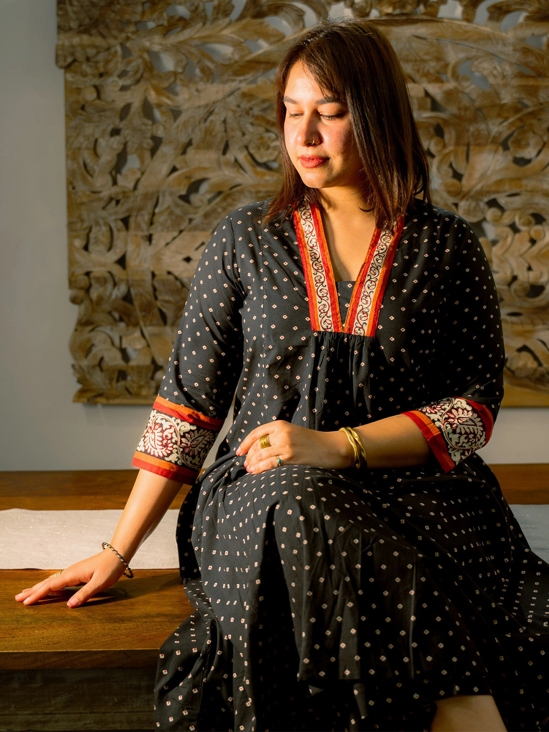 KALINI Bandhani Print Thread Work V-Neck A-line Kurta With Trouser