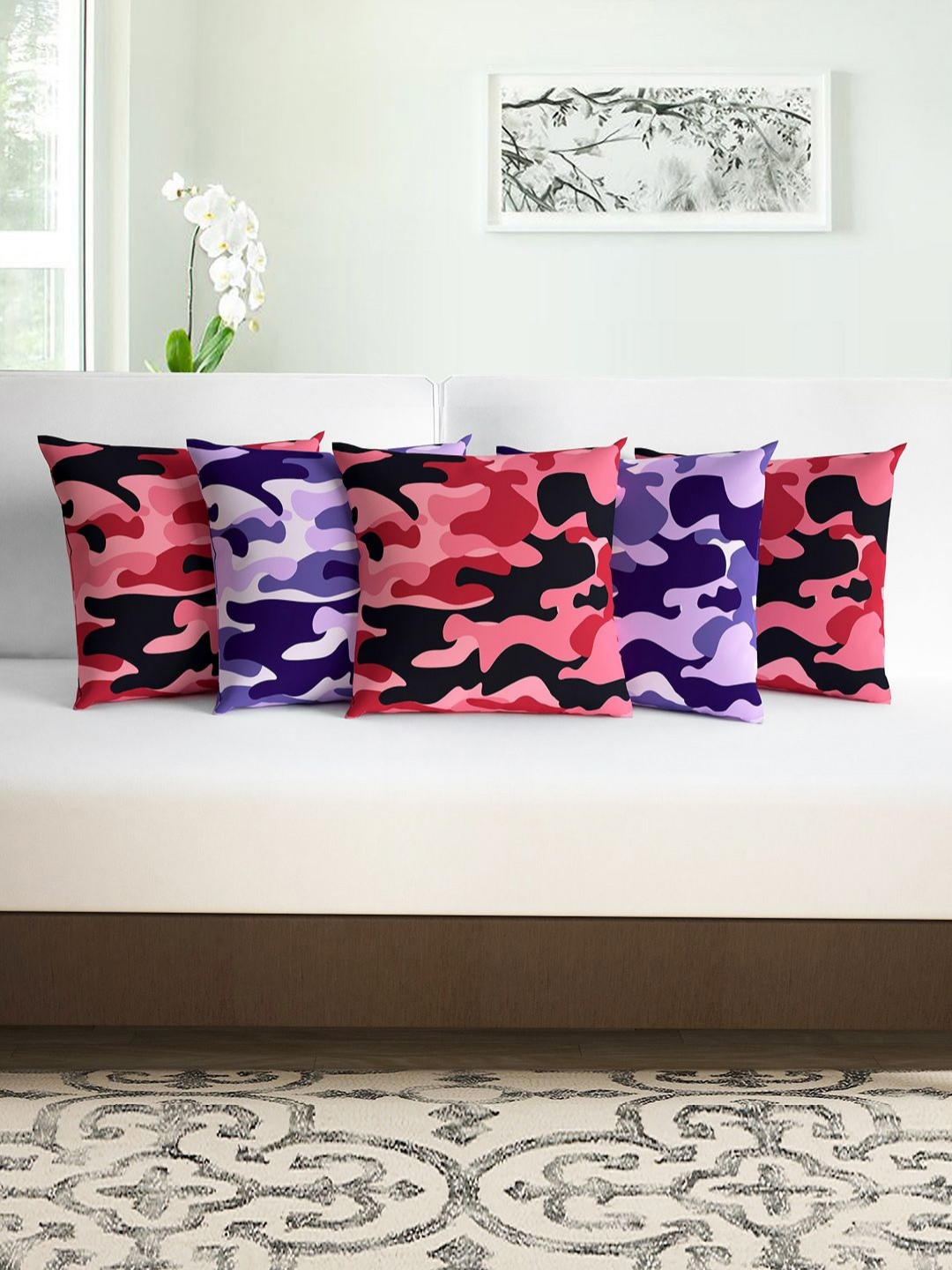 Divine Casa Red Abstract Polyester Silk Washable 5 Piece Square Cushion Covers -16x16In