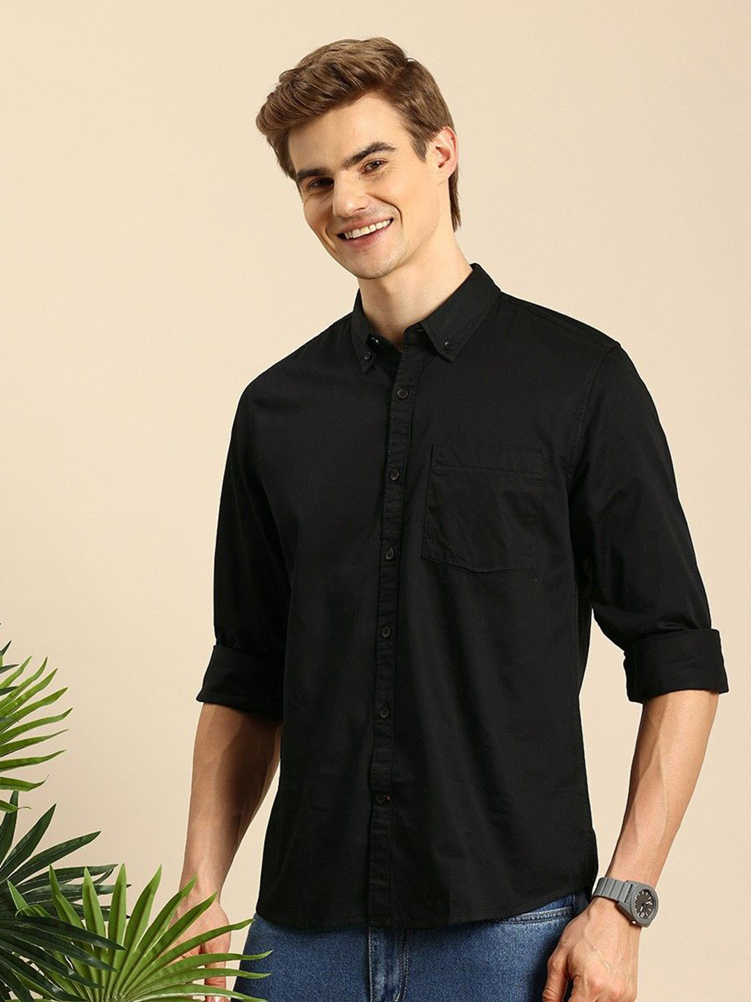 Fab Star Men Button-Down Collar Solid Cotton Casual Shirt