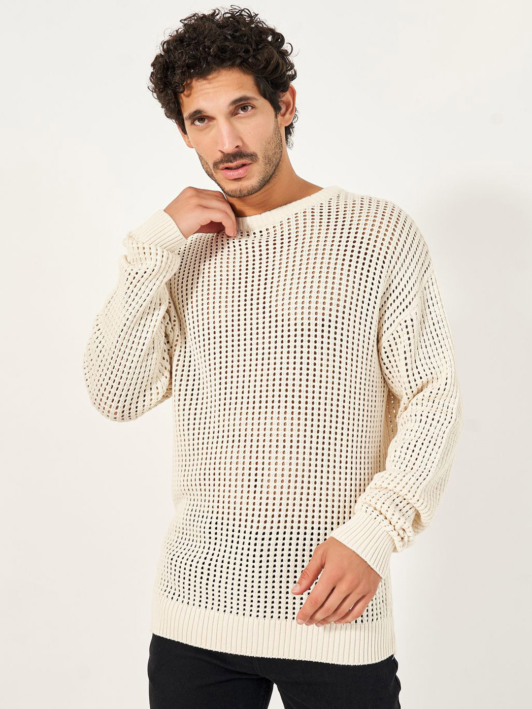 Styli Men Crochet Knit Relaxed Fit Crew Neck Sweater