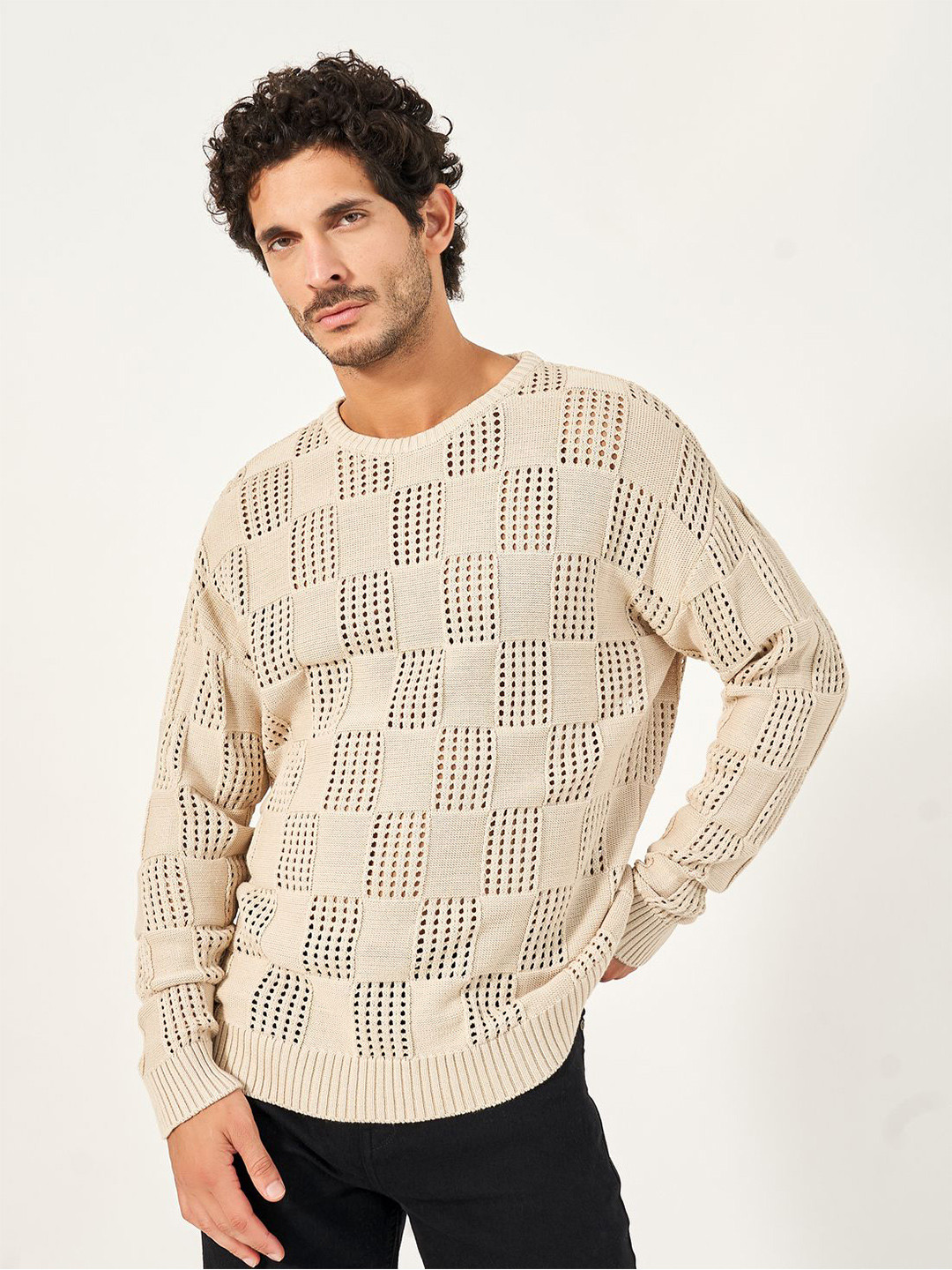Styli Men Checked Crochet Knit Relaxed Fit Crew Neck Sweater