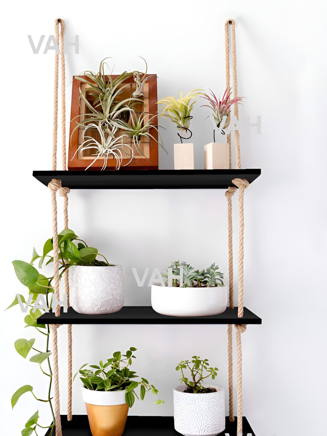 VAH Kya Bat Hai !! Black & Brown Wooden 3-Tier Rope Wall Shelves