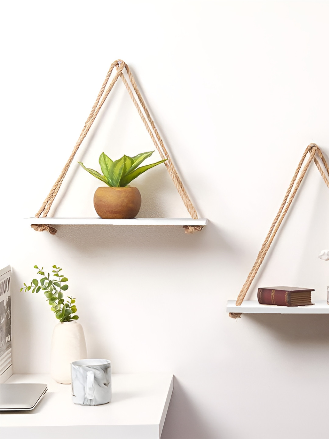 VAH Kya Bat Hai !! White 3 Pieces Wooden Floating Rope Wall Shelves