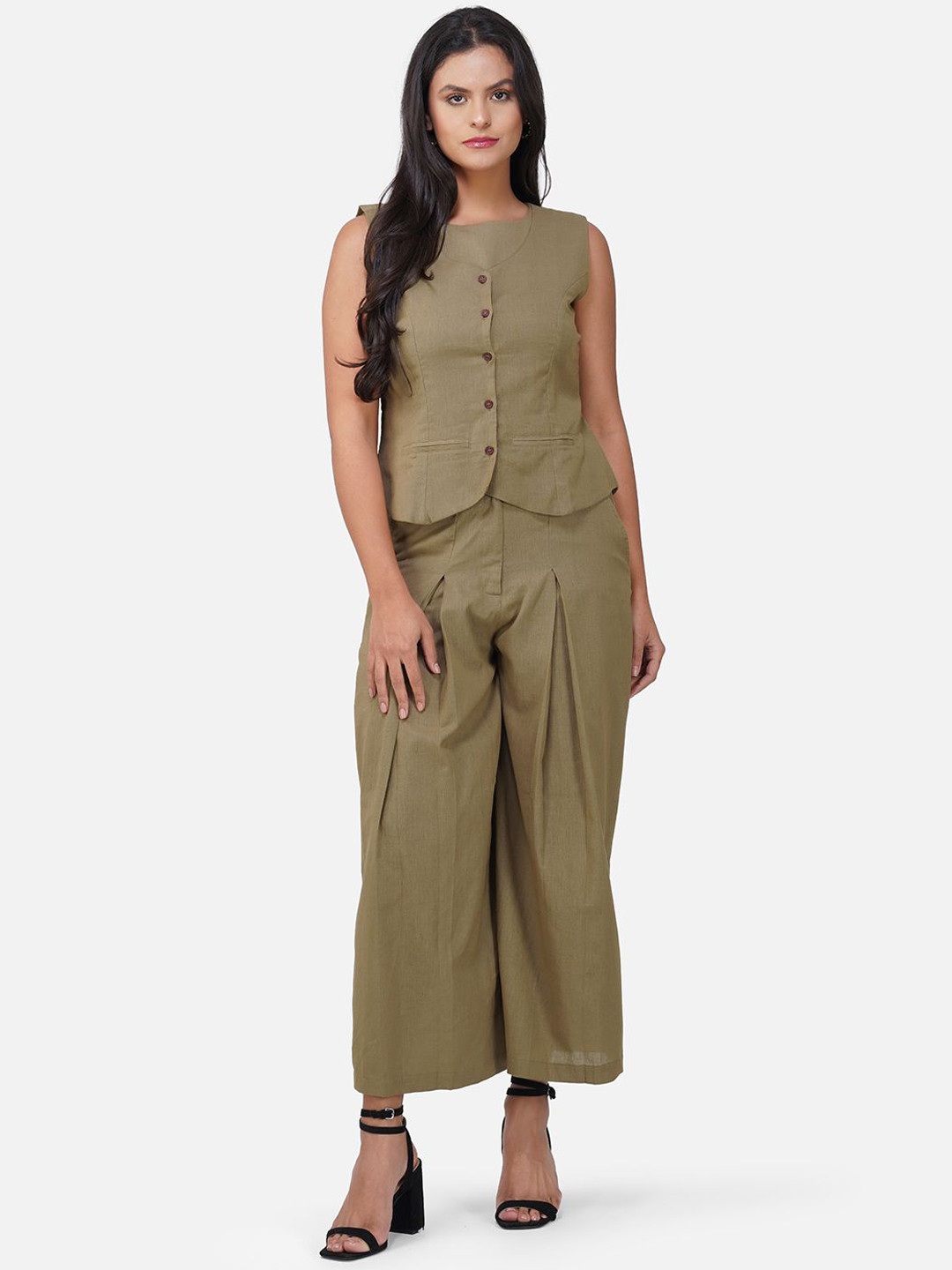 Stitchinc Round Neck Pure Cotton Top & Trouser With Waistcoat