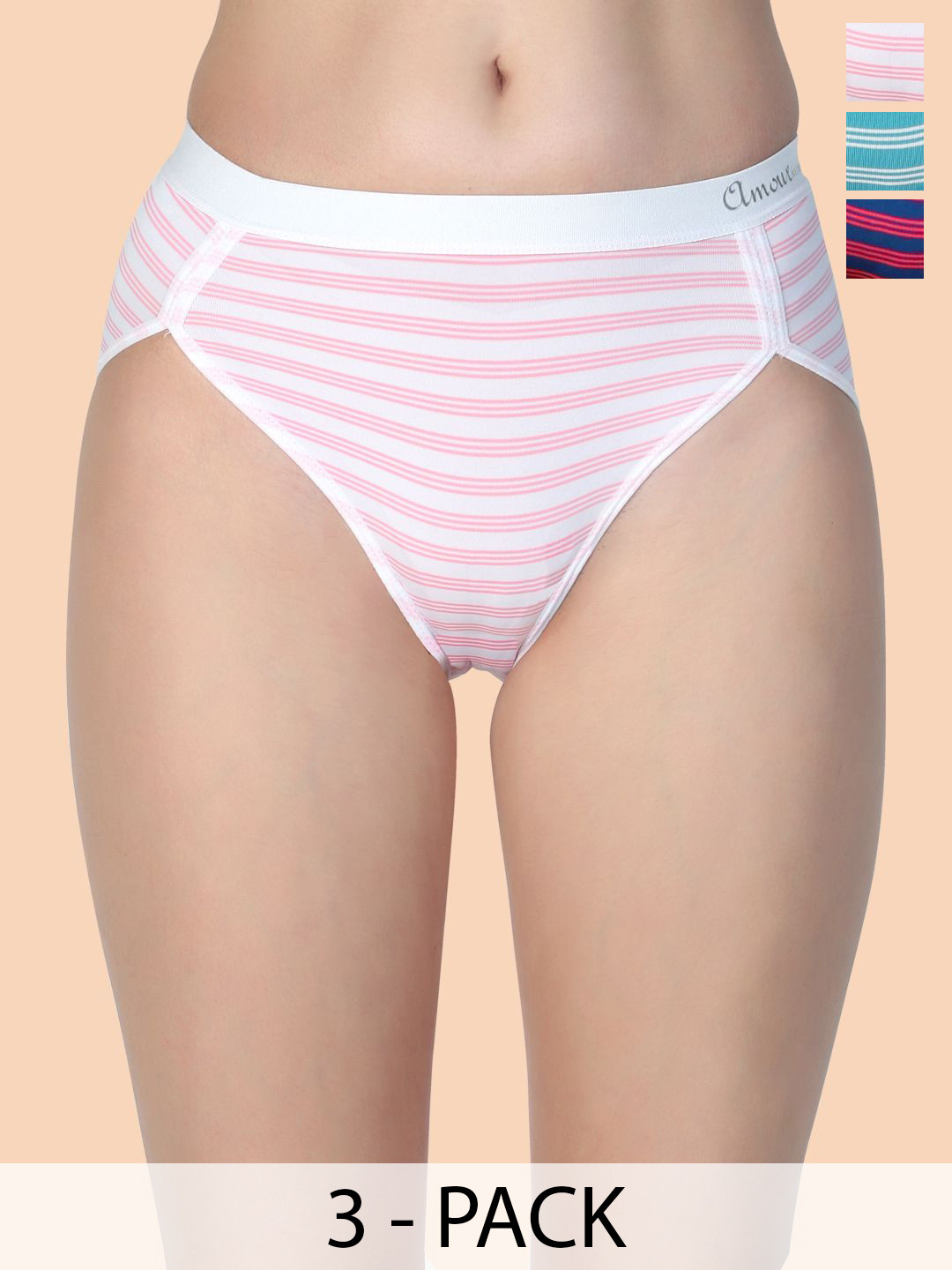 Amour Secret Women Pack Of 3 Striped Mid-Rise Bikini Briefs P2031N_Blu_Pnk_Grn_S