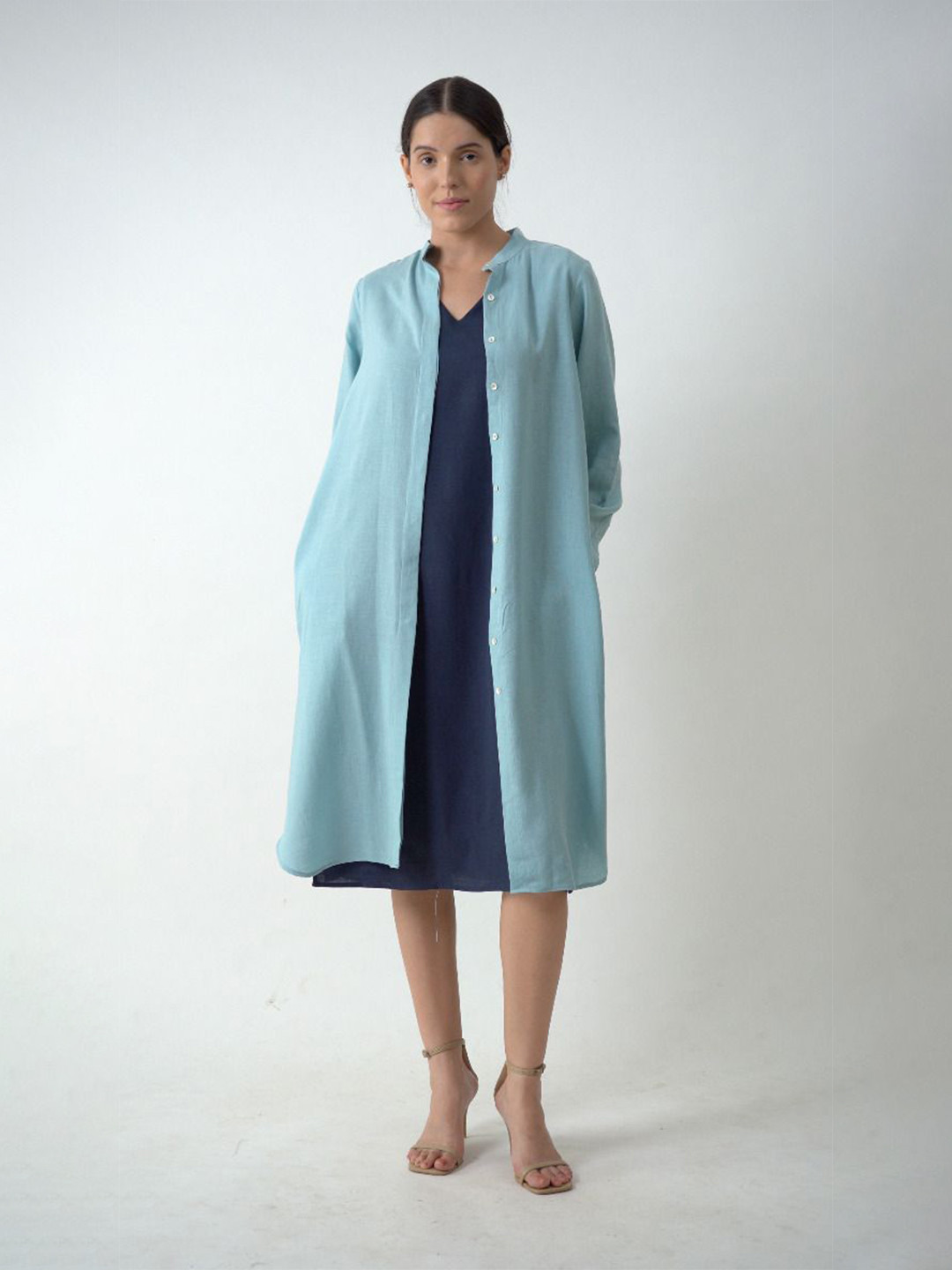 Saltpetre Women Overlay with navy Mandarin Collar A-Line Midi Dress