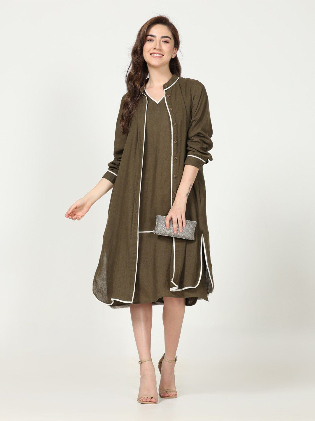 Saltpetre Women OLIVE WITH CREAM PIPING Mandarin collar overlay AND Sleeveless Dress