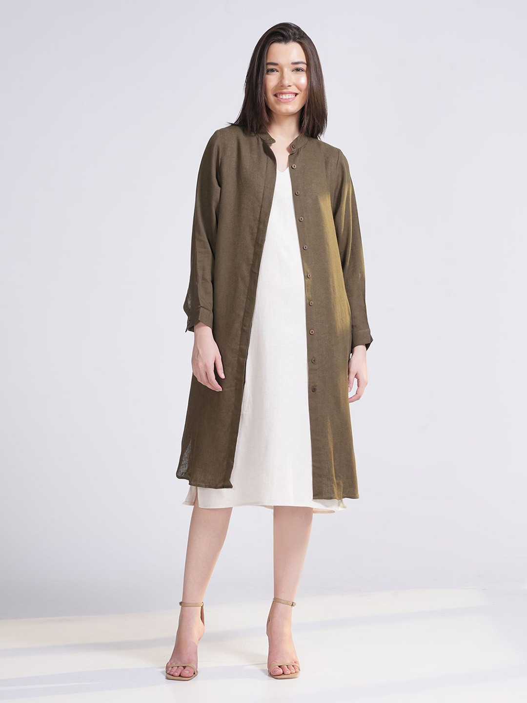 Saltpetre Women Olive Mandarin Collar Overlay With Cream Sleeveless Dress