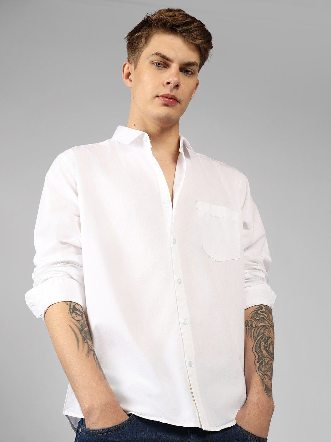 Fab Star Men Spread Collar Solid Cotton Casual Shirt