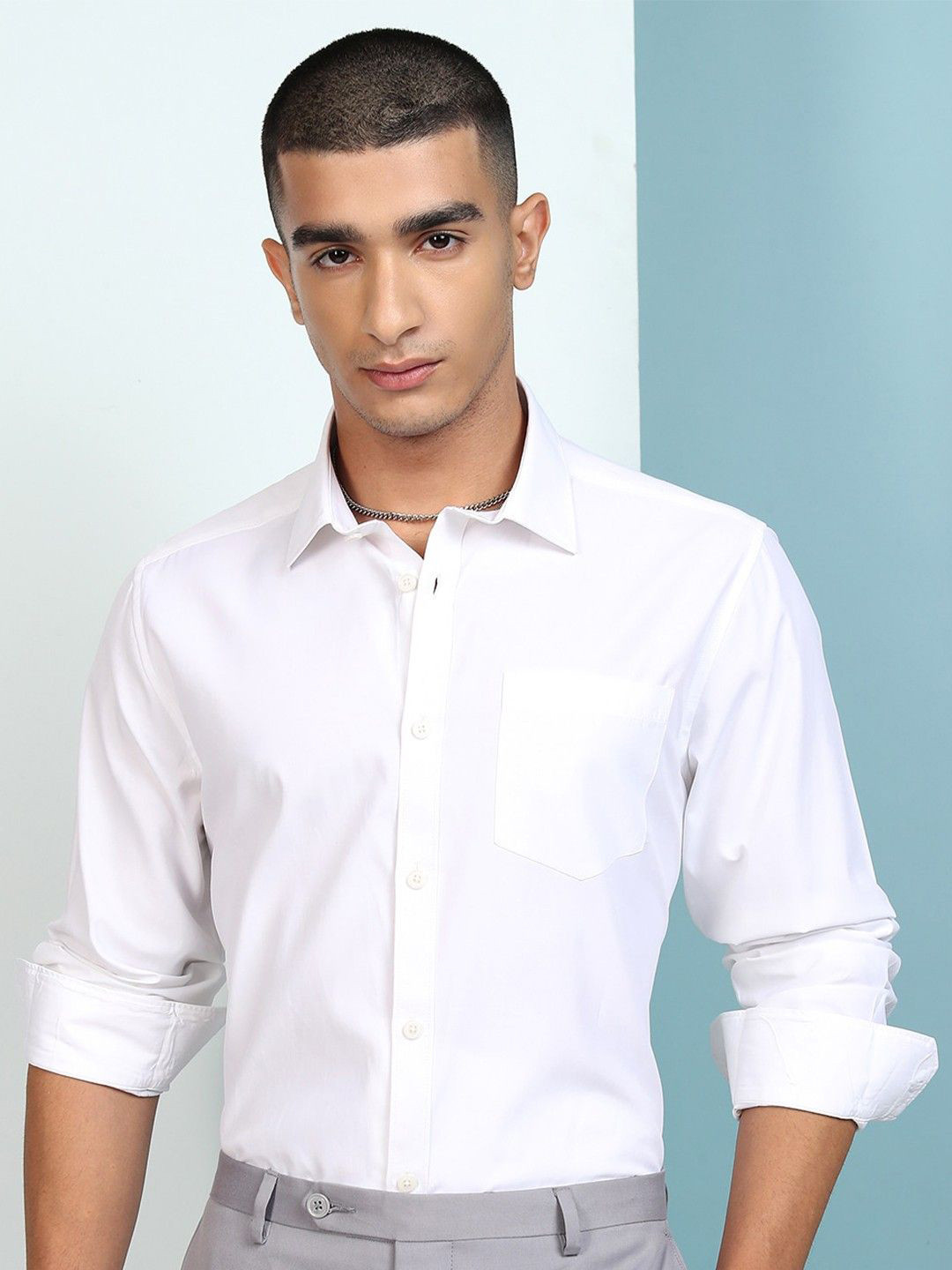 Fab Star Men Spread Collar Solid Cotton Formal Shirt