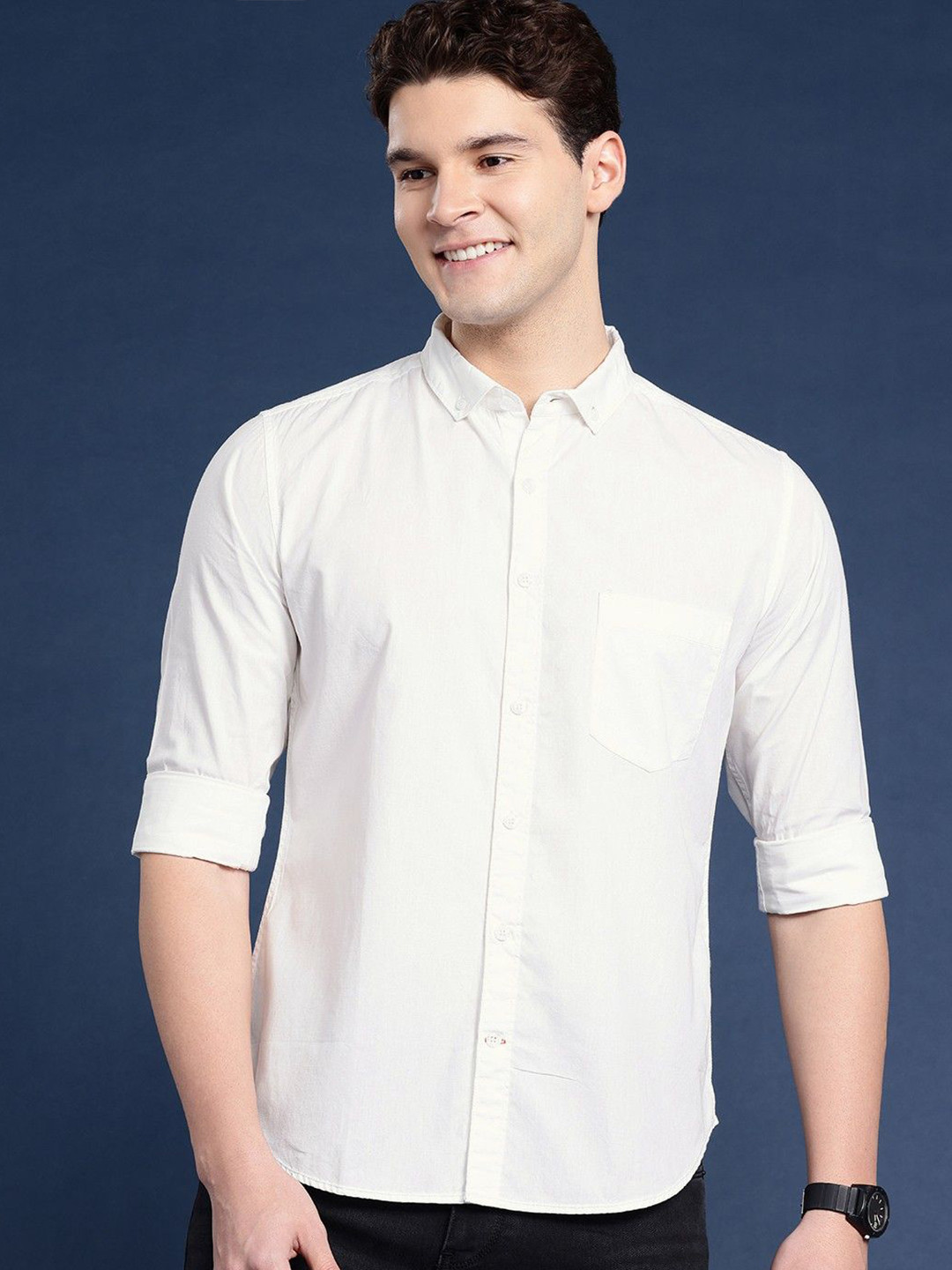 Fab Star Men Button-Down Collar Solid Cotton Casual Shirt