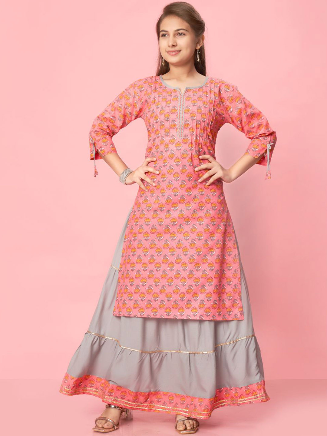 Sangria Girls Pink Floral Printed Notch Nrck Pure Cotton Straight Kurta