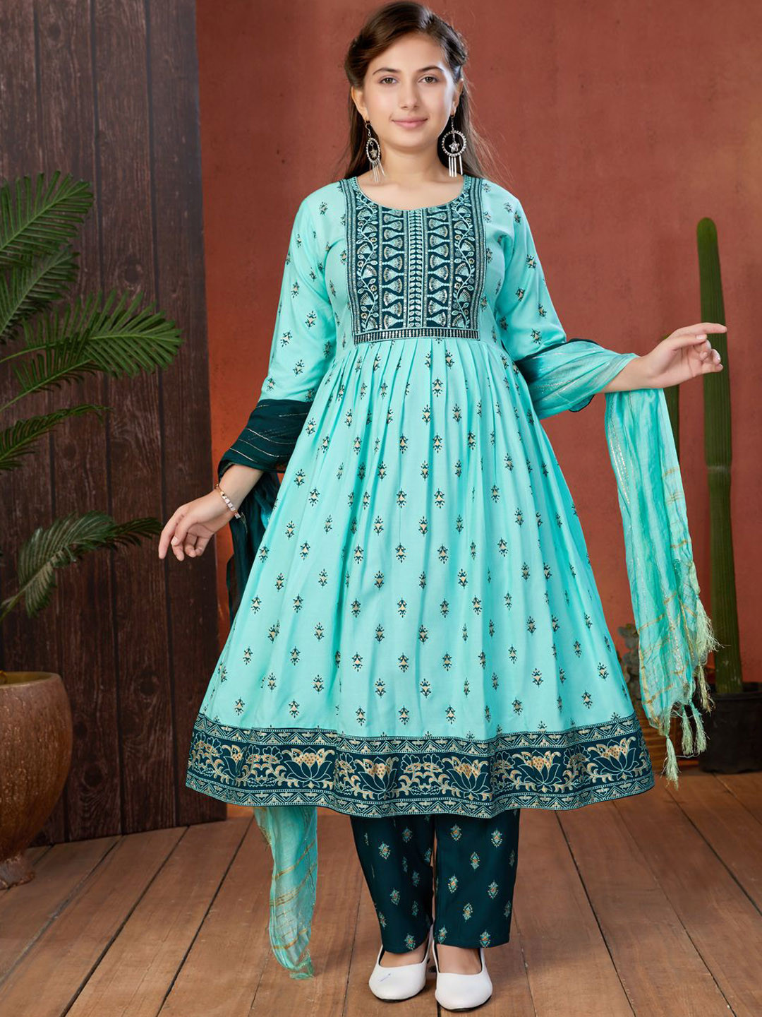 Sangria Girls Turquoise Blue Ethnic Motifs Embroidered Round Neck Sequins Anarkali Kurta