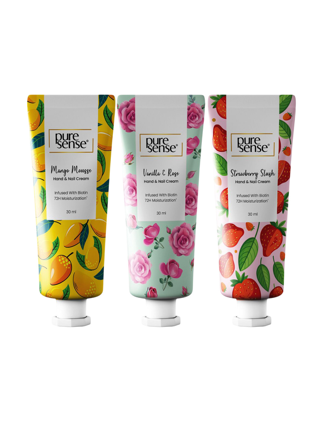 PureSense Set Of 3 Vanilla Mango & Strawberry Non Sticky Hand And Nail Cream -30 ml Each