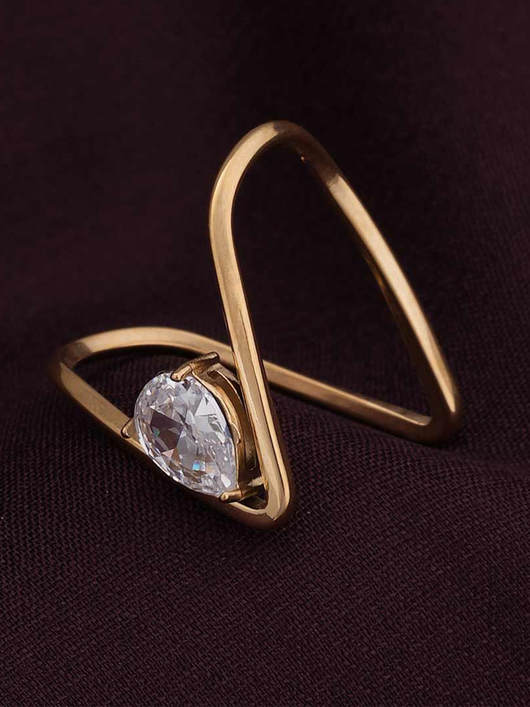 PALMONAS Gold-Plated Trendy Vee Diamond Ring Size-6 for Womens- Waterproof & Anti-Tarnish