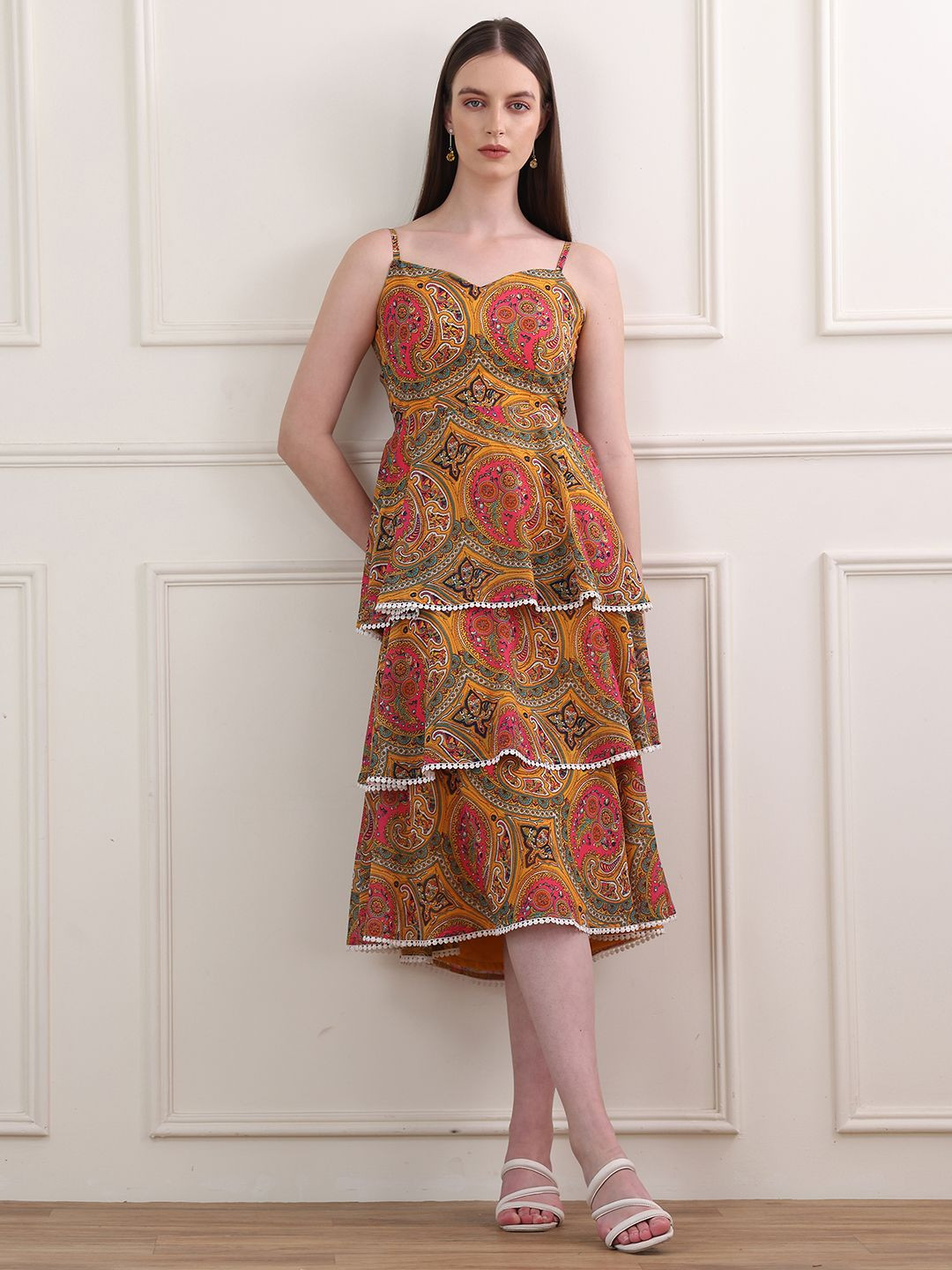 OBSHIVKA Women Ethnic Motifs Printed LayeredTiered Fit & Flare Midi Dress