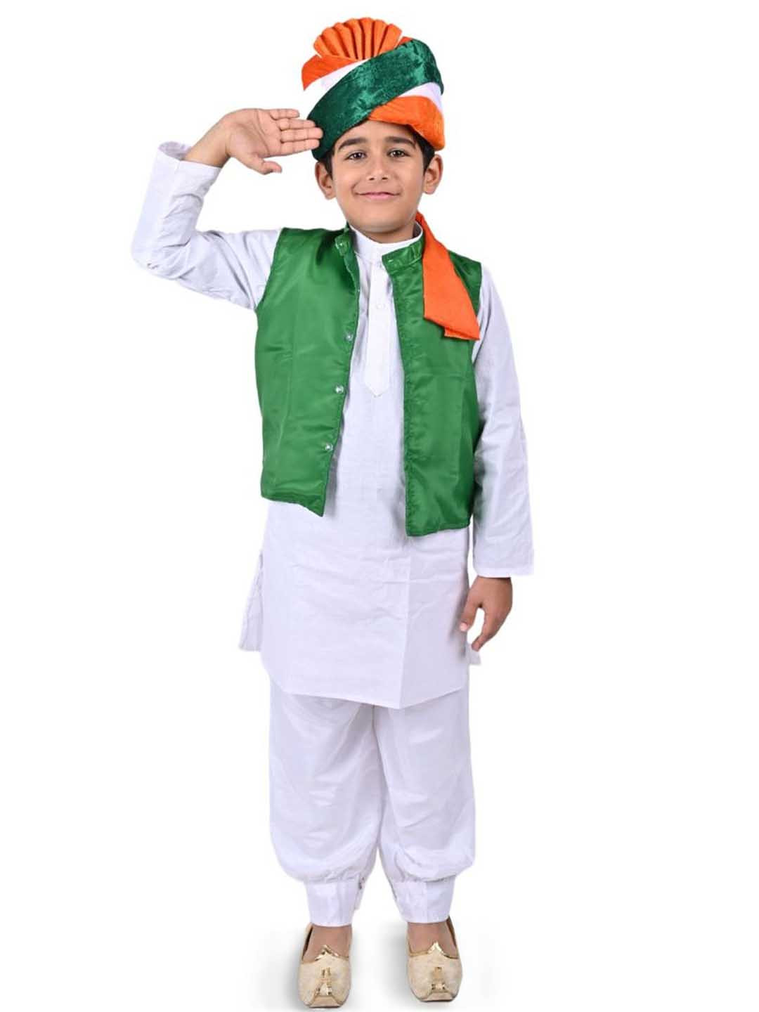 Itsmycostume White Straight Kurta With Dhoti Pant And Tri-Color Turban, Jacket