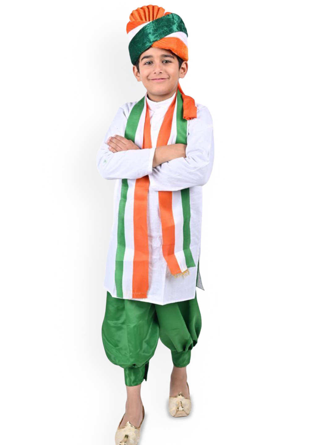 Itsmycostume White Straight Kurta With Dhoti Pant And Tri-Color Sash And Turban