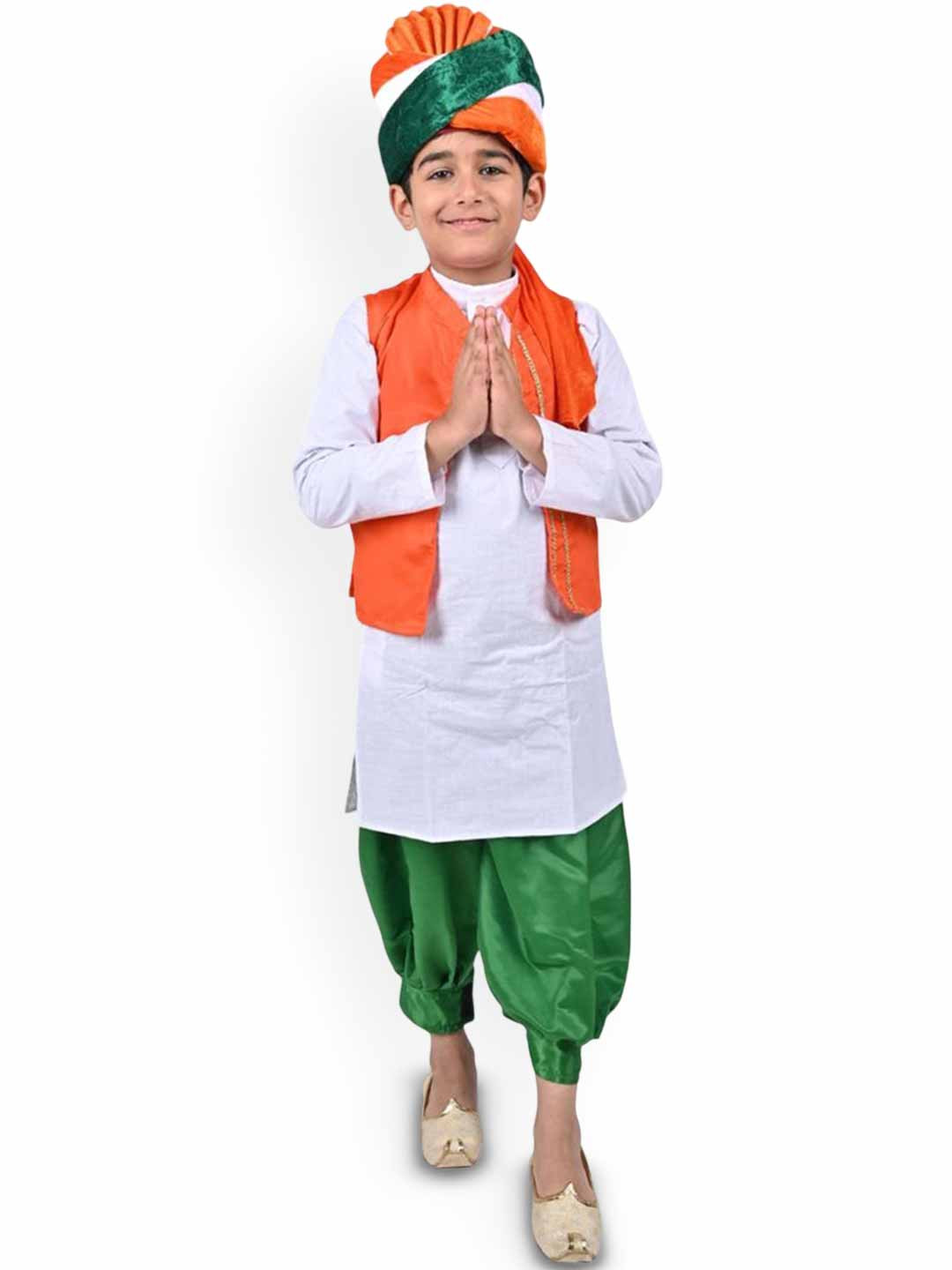 Itsmycostume White Straight Kurta With Dhoti Pant And Tri-Color Turban With Jacket