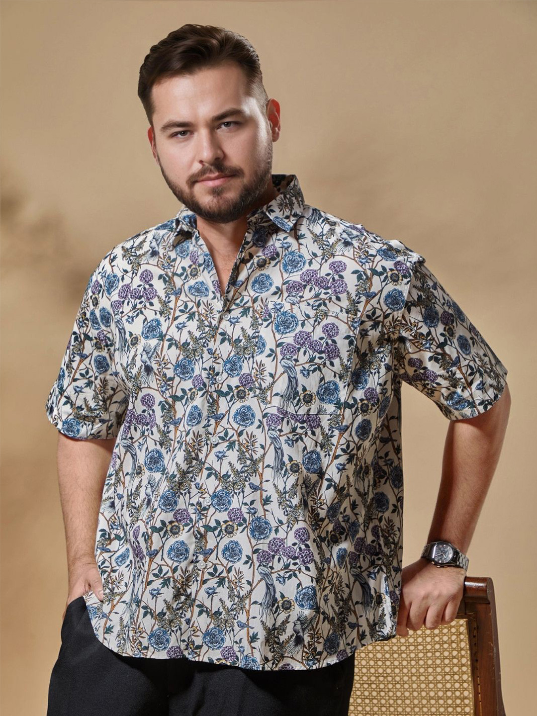 Aldeno Men Plus Size Muscle Fit Spread Collar Floral Printed Cotton Casual Shirt