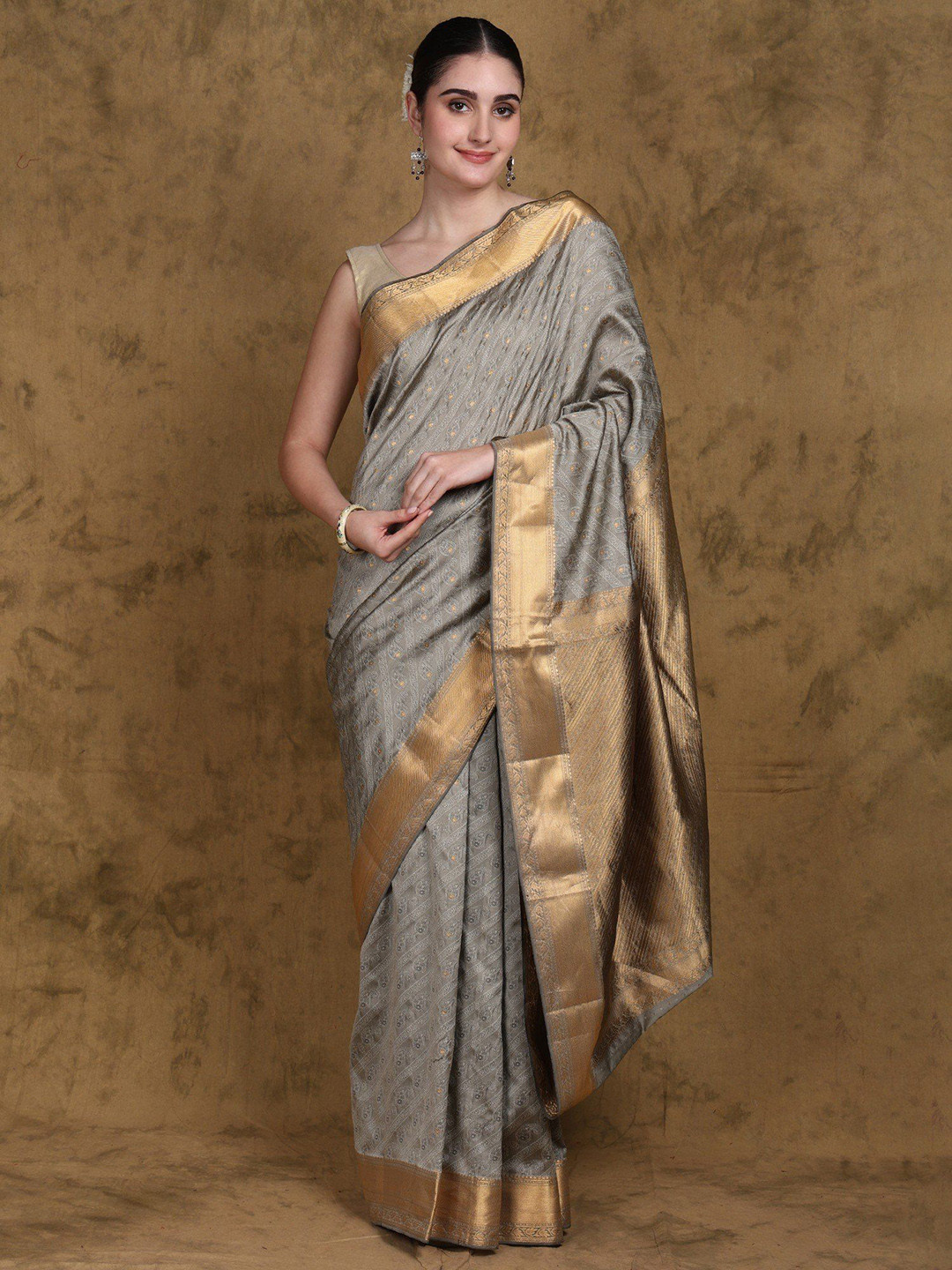 Exotic India Steeple Gray Paisley Thread work Saree with Zari Border