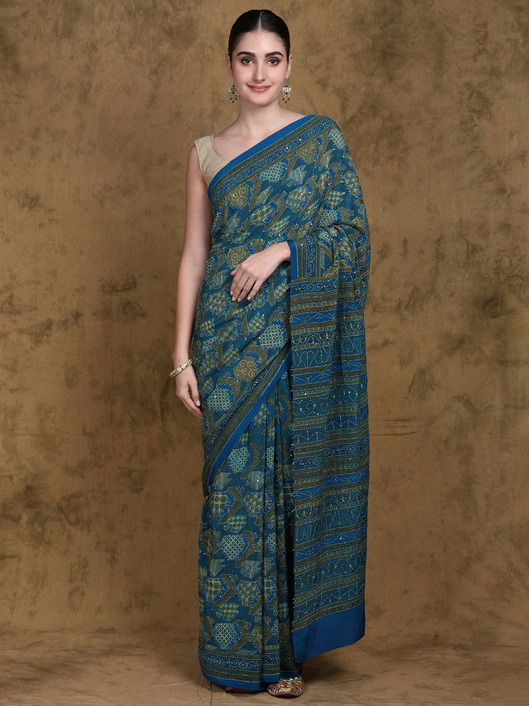 Exotic India Kantha Embroidered Crepe Saree with All over Abstract Print and Sequins work
