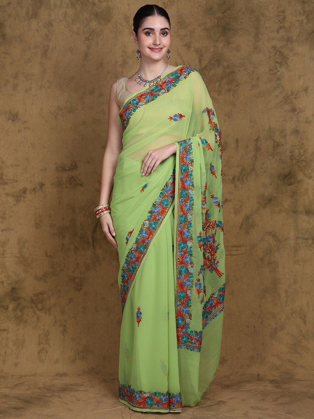 Exotic India Macaw Green Floral Aari Embroidered Georgette Kashmiri Saree