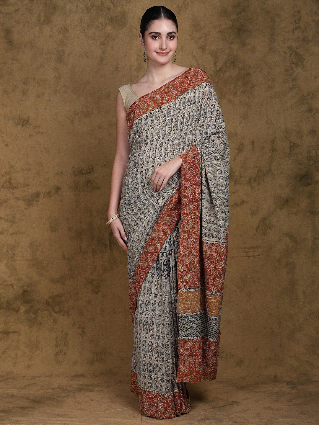 Exotic India Solitary Star Paisley Printed Saree with All over Kantha & Sequins Embroidery