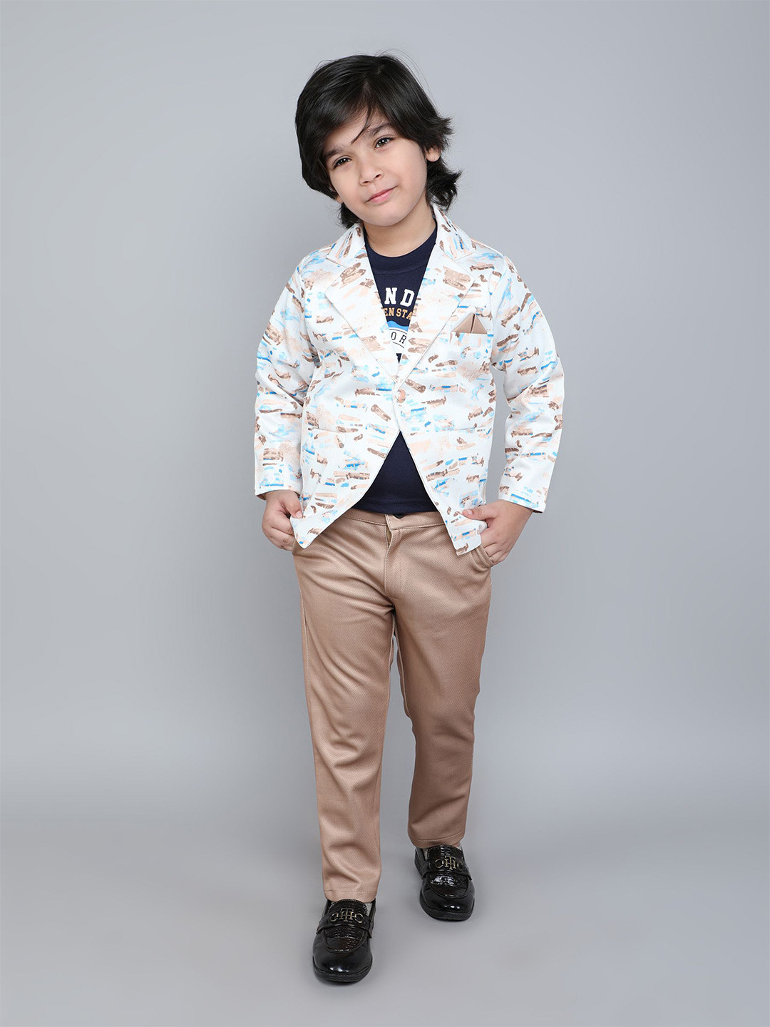 BAESD Boys Printed Single-Breasted Blazer And Trousers With T-Shirt 3-Piece Suit