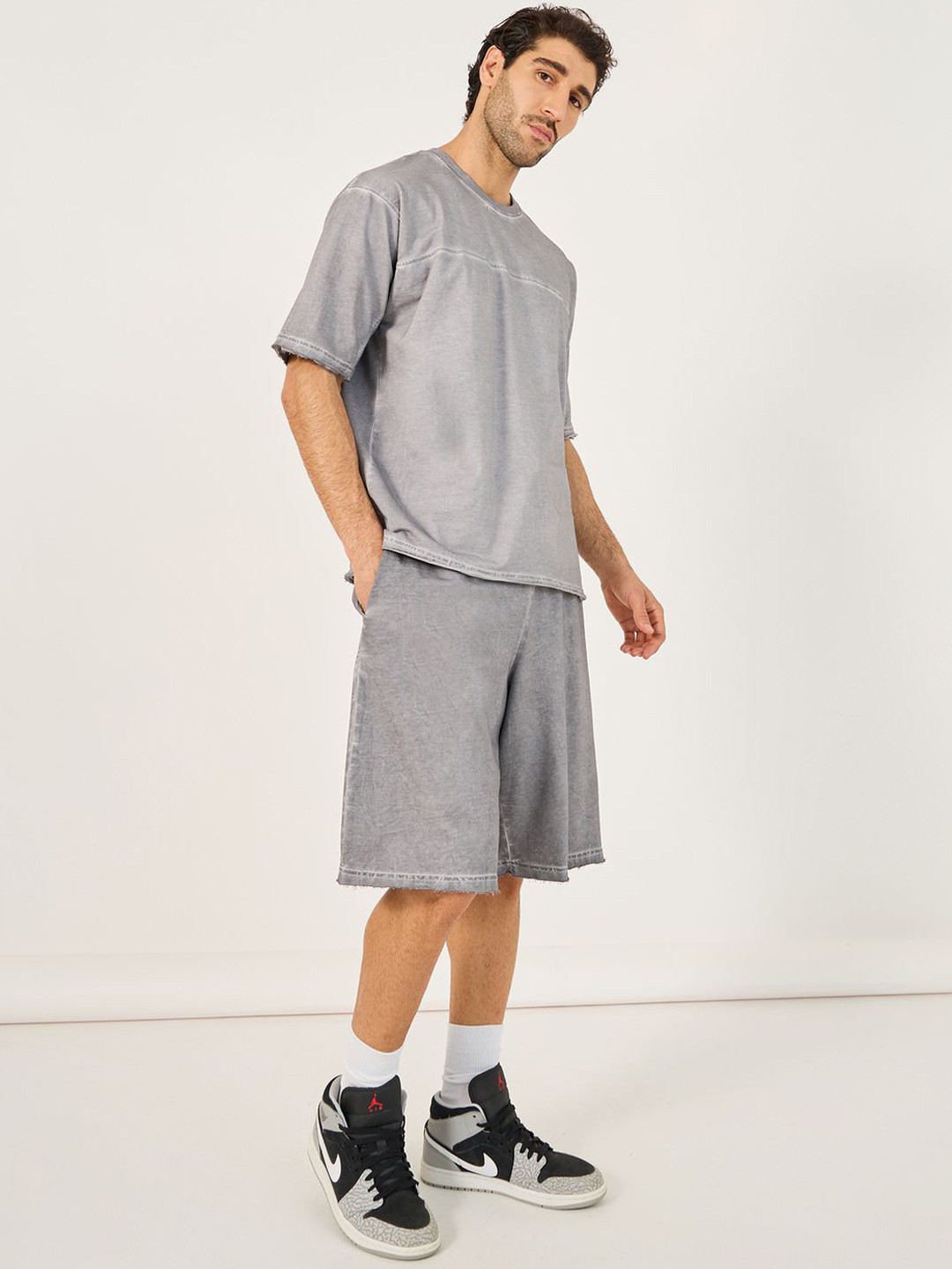 Styli Grey Short Sleeves Pure Cotton T-Shirt With Shorts
