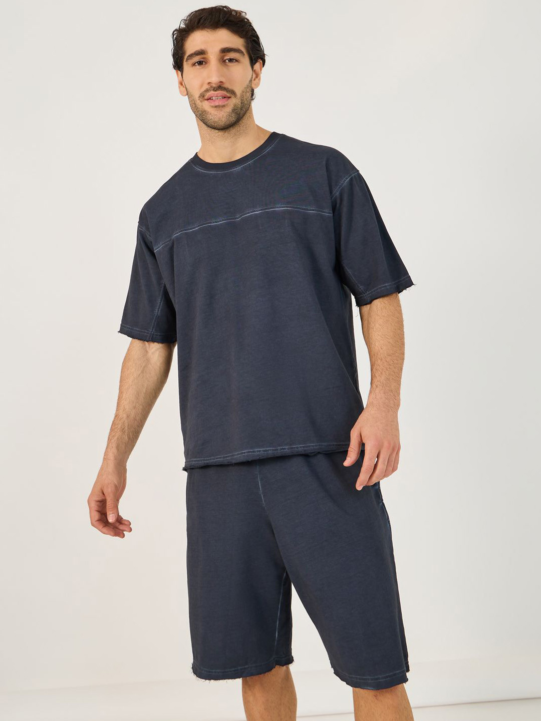 Styli Navy Blue Short Sleeves Pure Cotton T-Shirt With Shorts