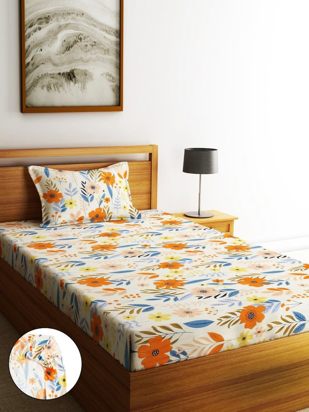 Home Sizzler Orange Floral Microfiber 210 TC Fitted Single Fine Bedsheet with a Pillow Cover-183 x 92 cm