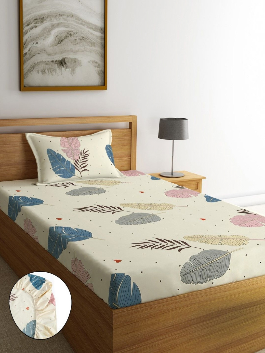 Home Sizzler Botanical Charm Off White Floral Microfiber 210 TC Fitted Single Fine Bedsheet with a Pillow Cover-72 x 36 inches