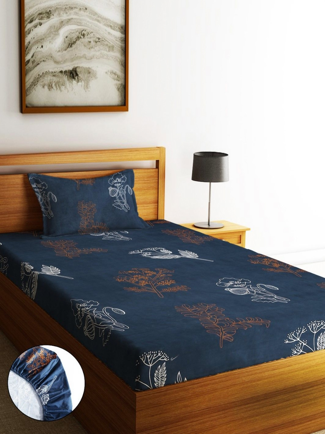 Home Sizzler Midnight Bloom Navy Blue Leaf Microfiber 210 TC Fitted Single Fine Bedsheet with a Pillow Cover-72 x 36 inches