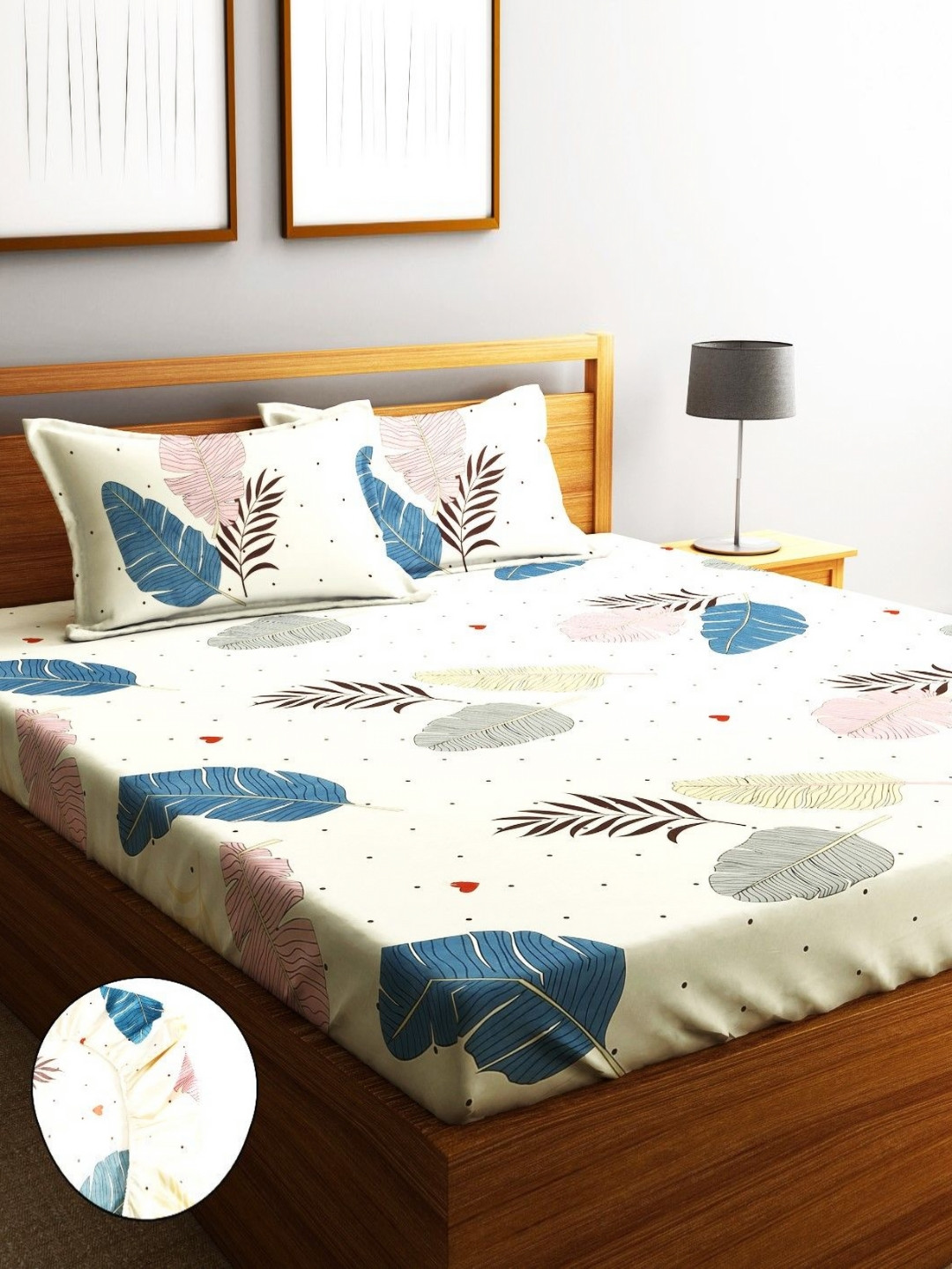 Home Sizzler Cream Colored Printed Microfiber 210TC Fitted Queen Bedsheet Set1.98 x 1.83 m