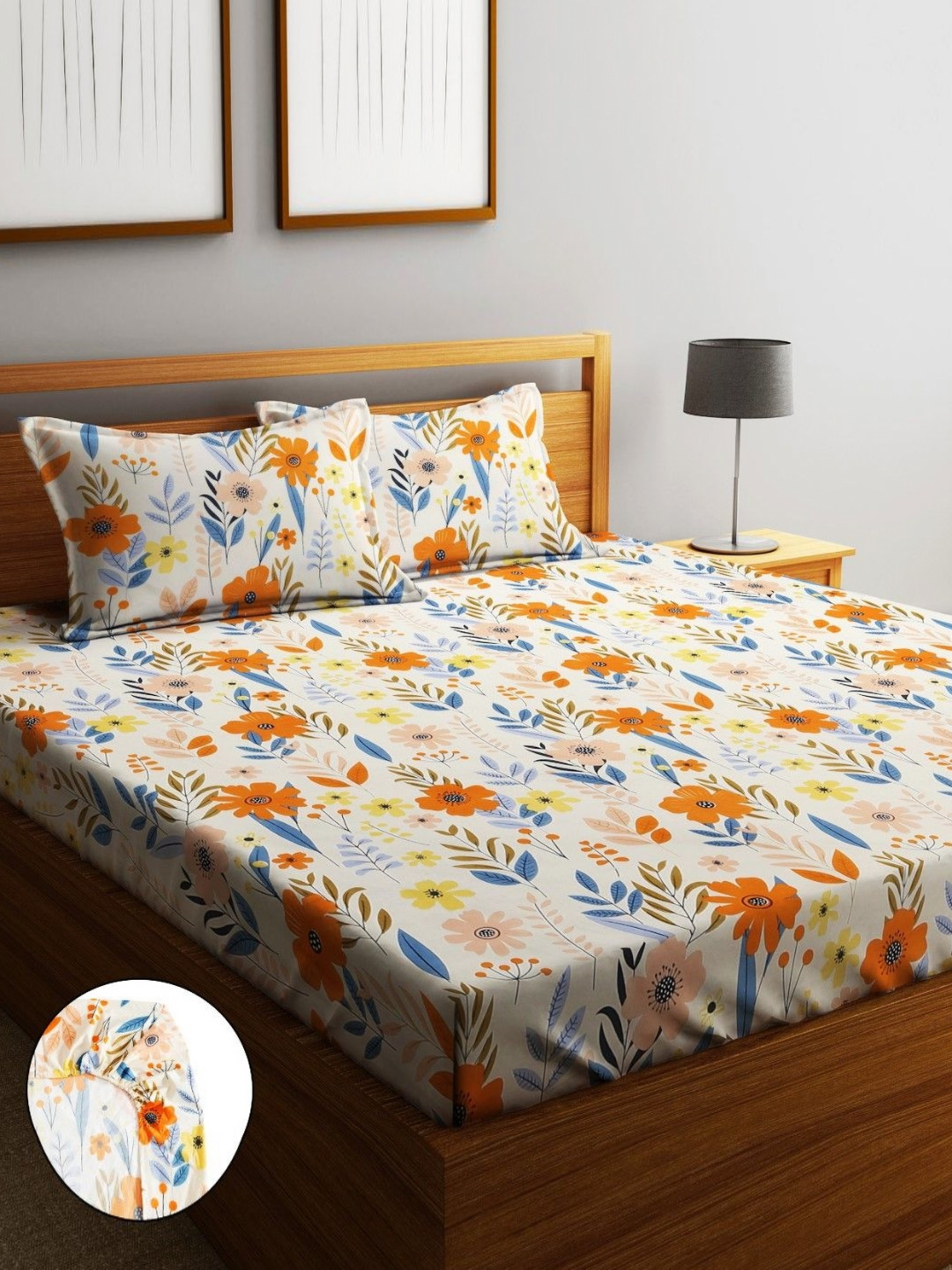 Home Sizzler Orange Floral Microfiber 210 TC Fitted Queen Fine Bedsheet with 2 Pillow Covers-198 x 183 cm