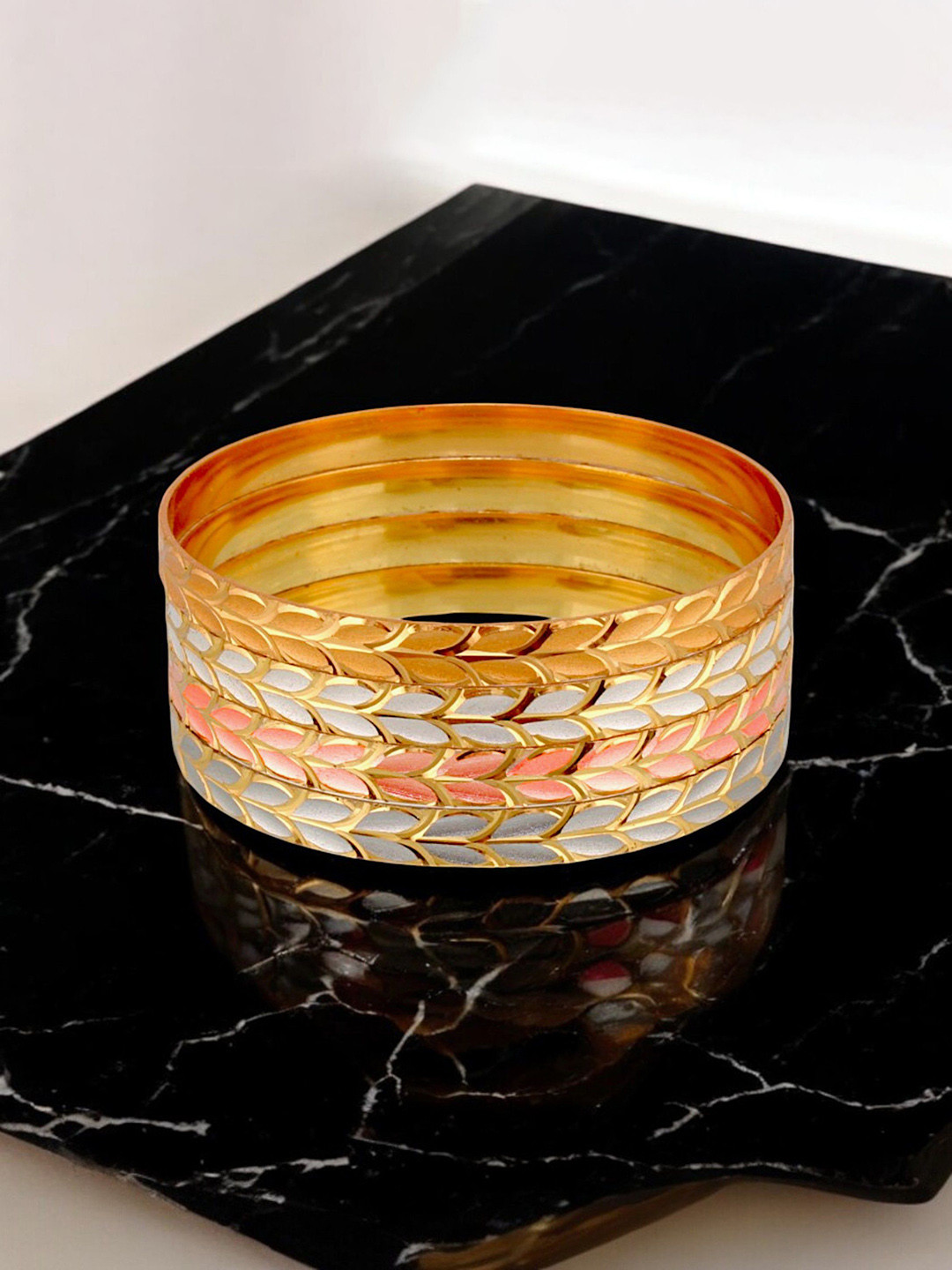 LUCKY JEWELLERY Pack Of 4 18k One Gram Gold-Plated Textured Bangles