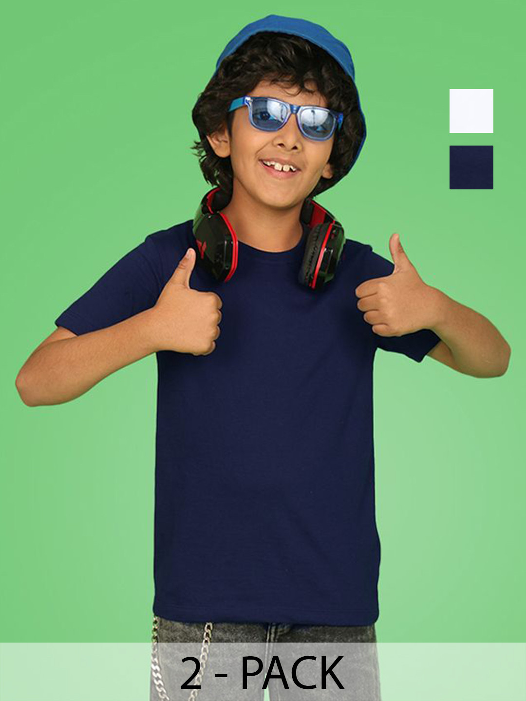 NUSYL Pack of 2 Boys White & Navy Blue Solid Half Sleeve T-Shirts